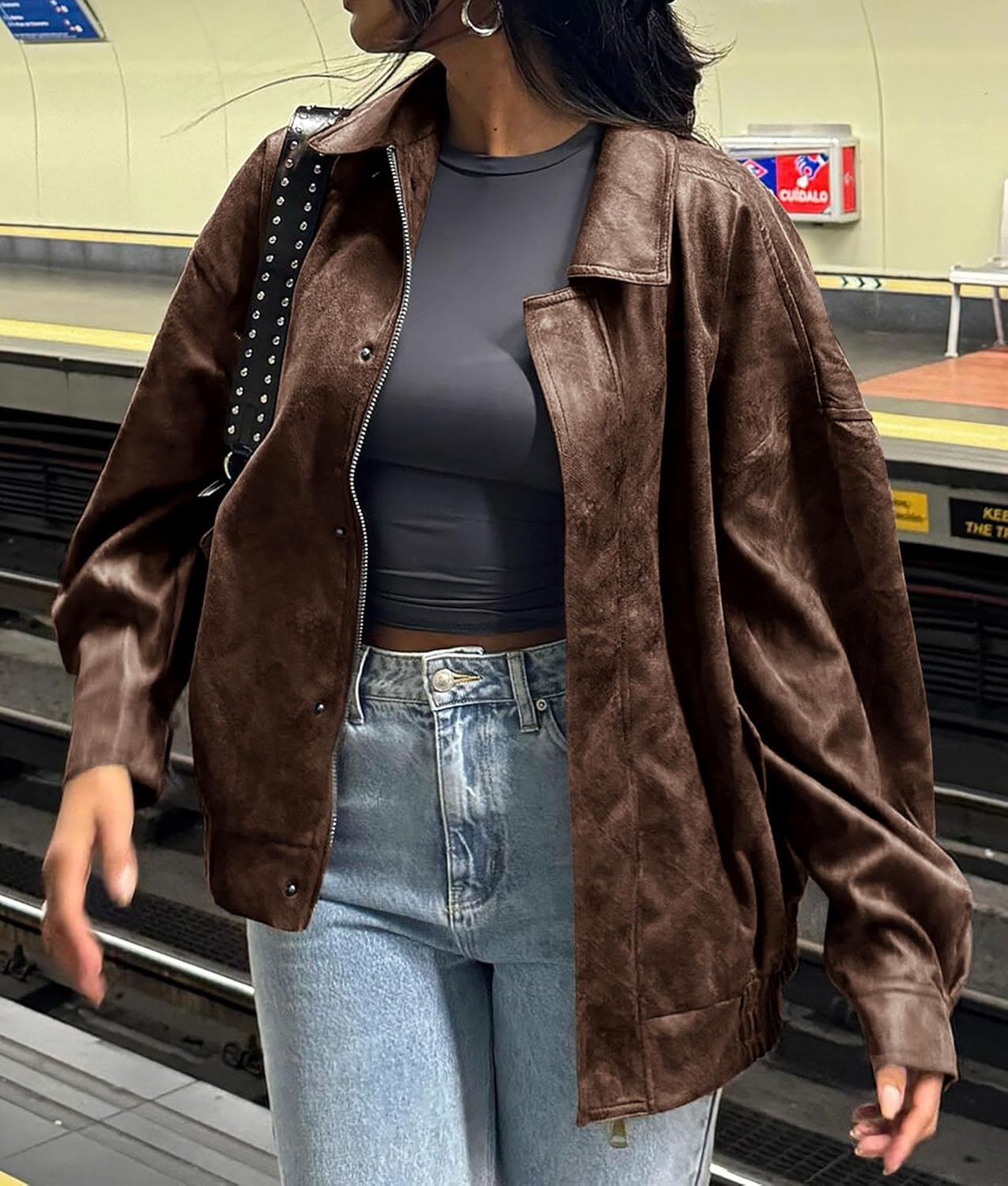 PRETTYGARDEN Women's Oversized Faux Leather Motorcycle Jacket Zip-Up Fall Spring Winter Coat Outerwear