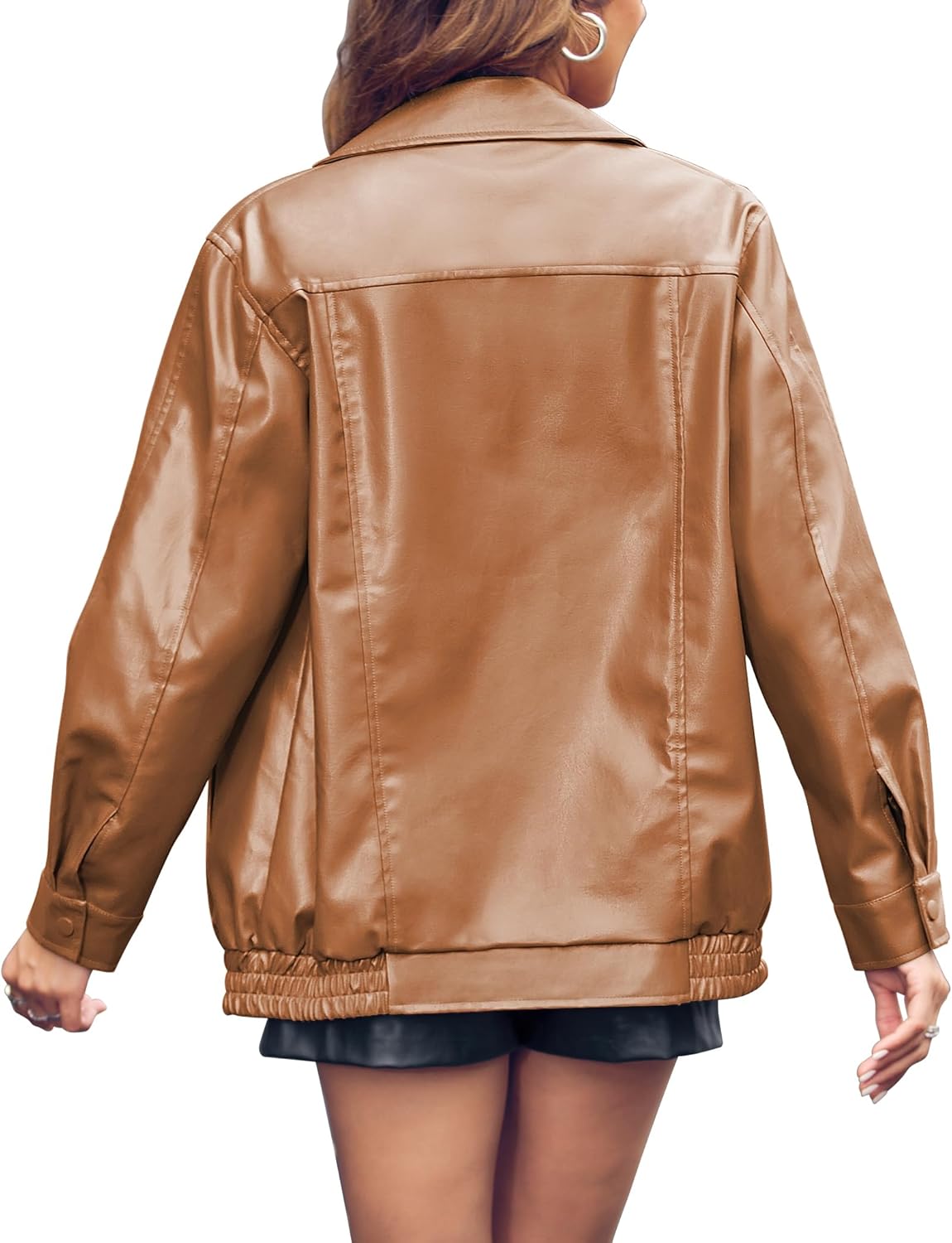 Miladusa Women's Oversized Faux Leather Zip-Up Bomber Motorcycle Jacket with Pockets