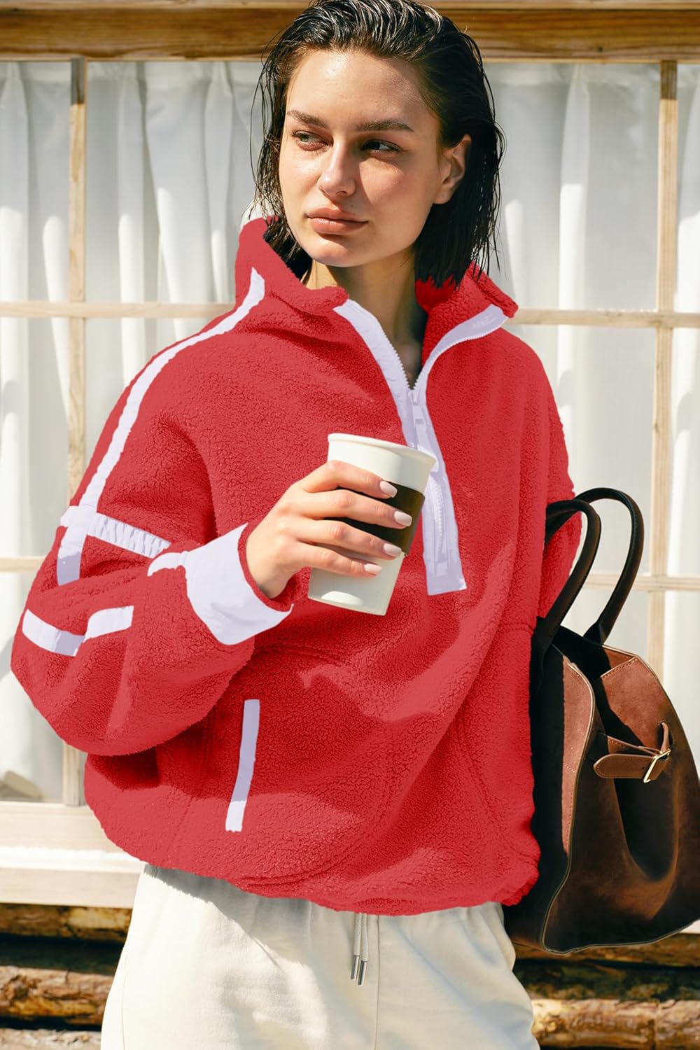 Panadila Women's Oversized Half Zip Sherpa Fleece Pullover Soft Fuzzy Sweatshirt with Pockets