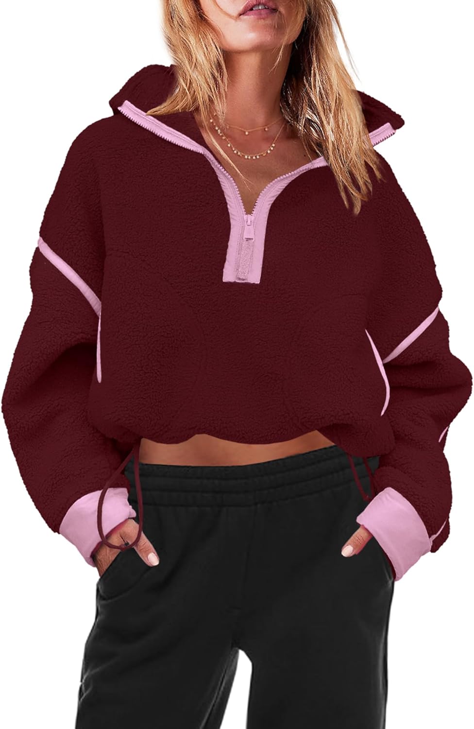 Panadila Women's Oversized Half Zip Sherpa Fleece Pullover Soft Fuzzy Sweatshirt with Pockets