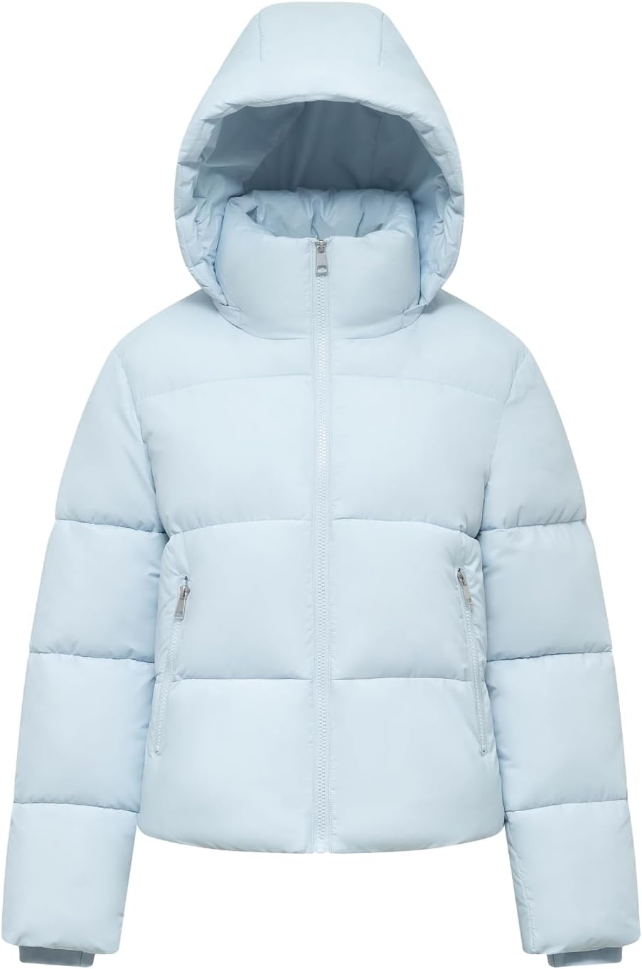 Women's Cropped Quilted Puffer Jacket with Removable Hood and Zippered Pockets Short Winter Coat