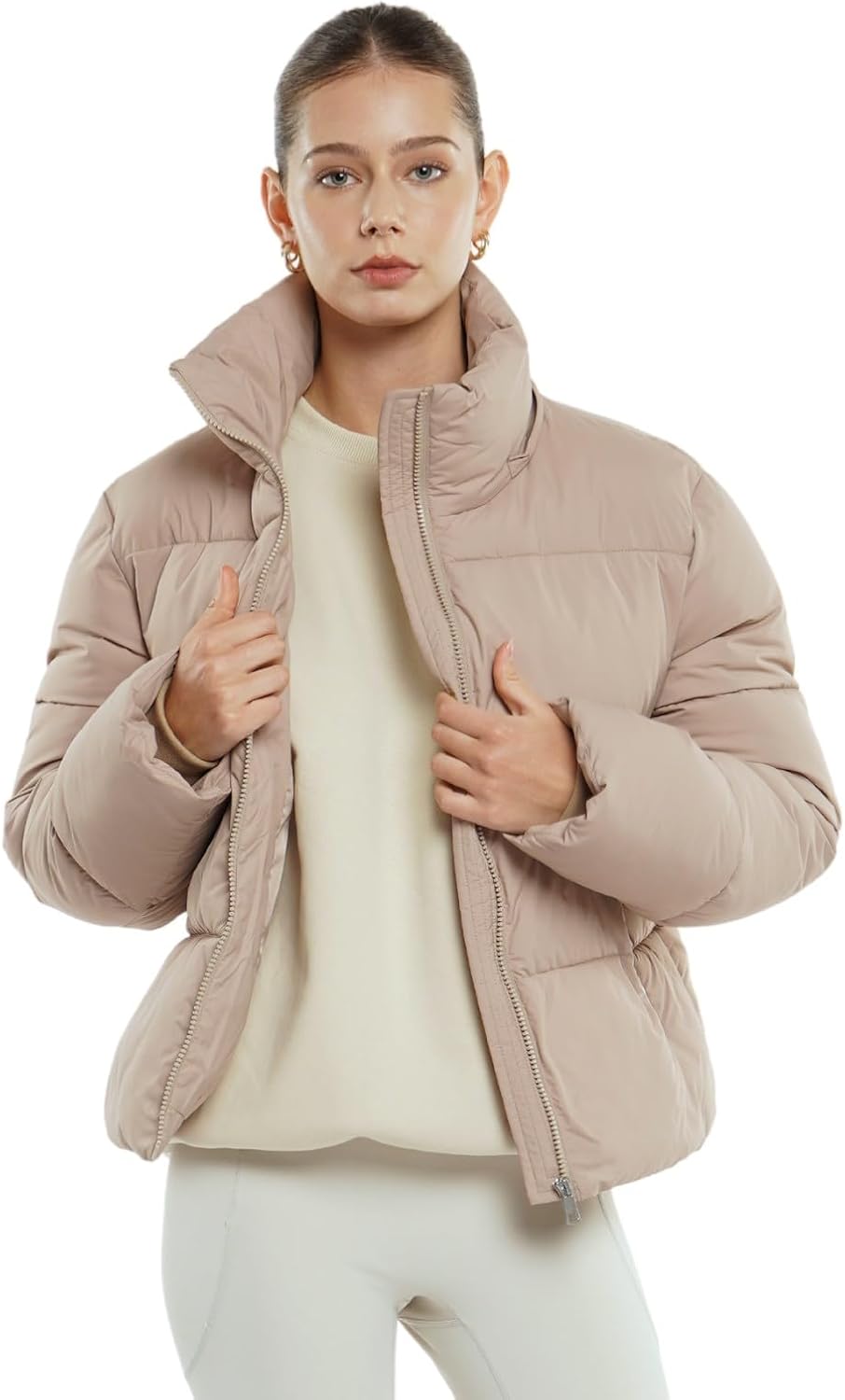 Women's Cropped Quilted Puffer Jacket with Removable Hood and Zippered Pockets Short Winter Coat