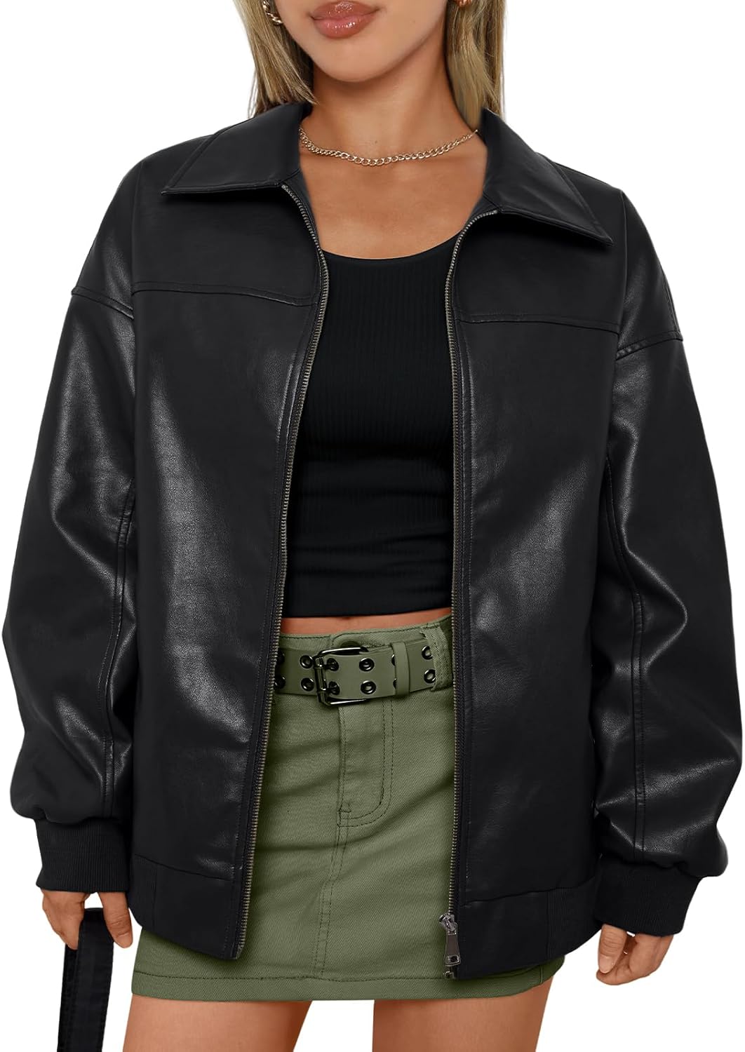 AUTOMET Women's Oversized Faux Leather Zip-Up Motorcycle Bomber Jacket Fall 2025 Trendy Winter Outfit