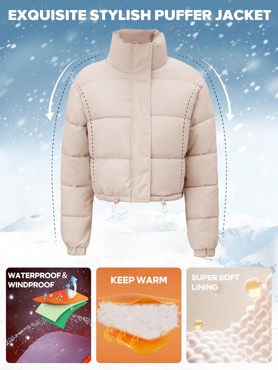 Women's Cropped Quilted Puffer Jacket Long Sleeve Stand Collar Zip-Up Puffy Coat with Drawstring & Pockets