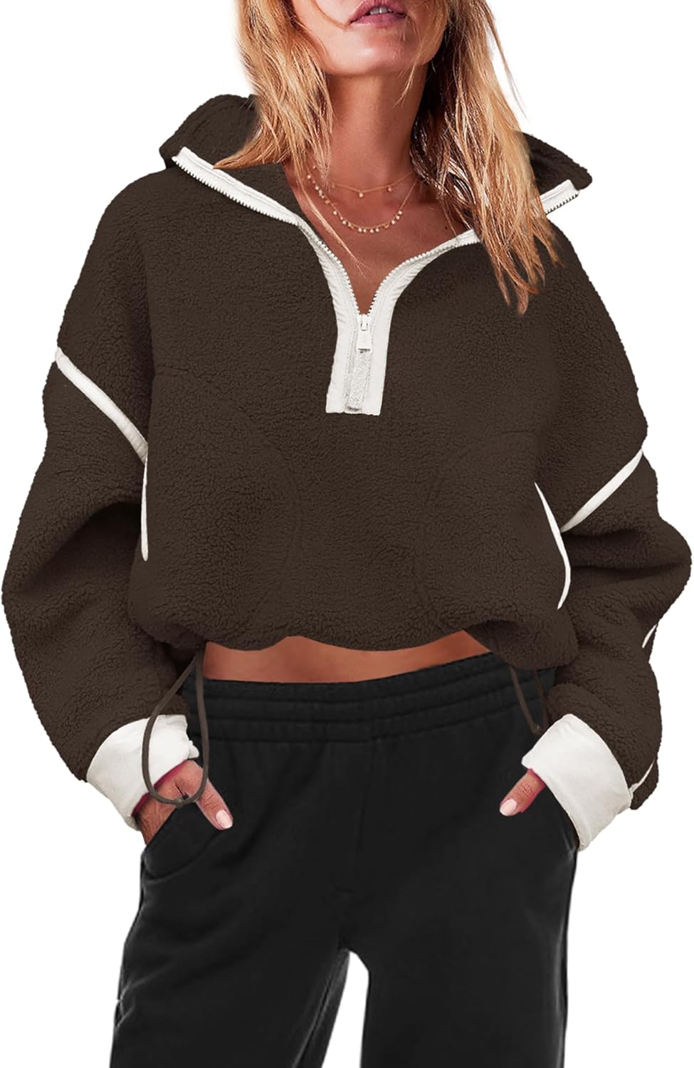 Panadila Women's Oversized Half Zip Sherpa Fleece Pullover Soft Fuzzy Sweatshirt with Pockets