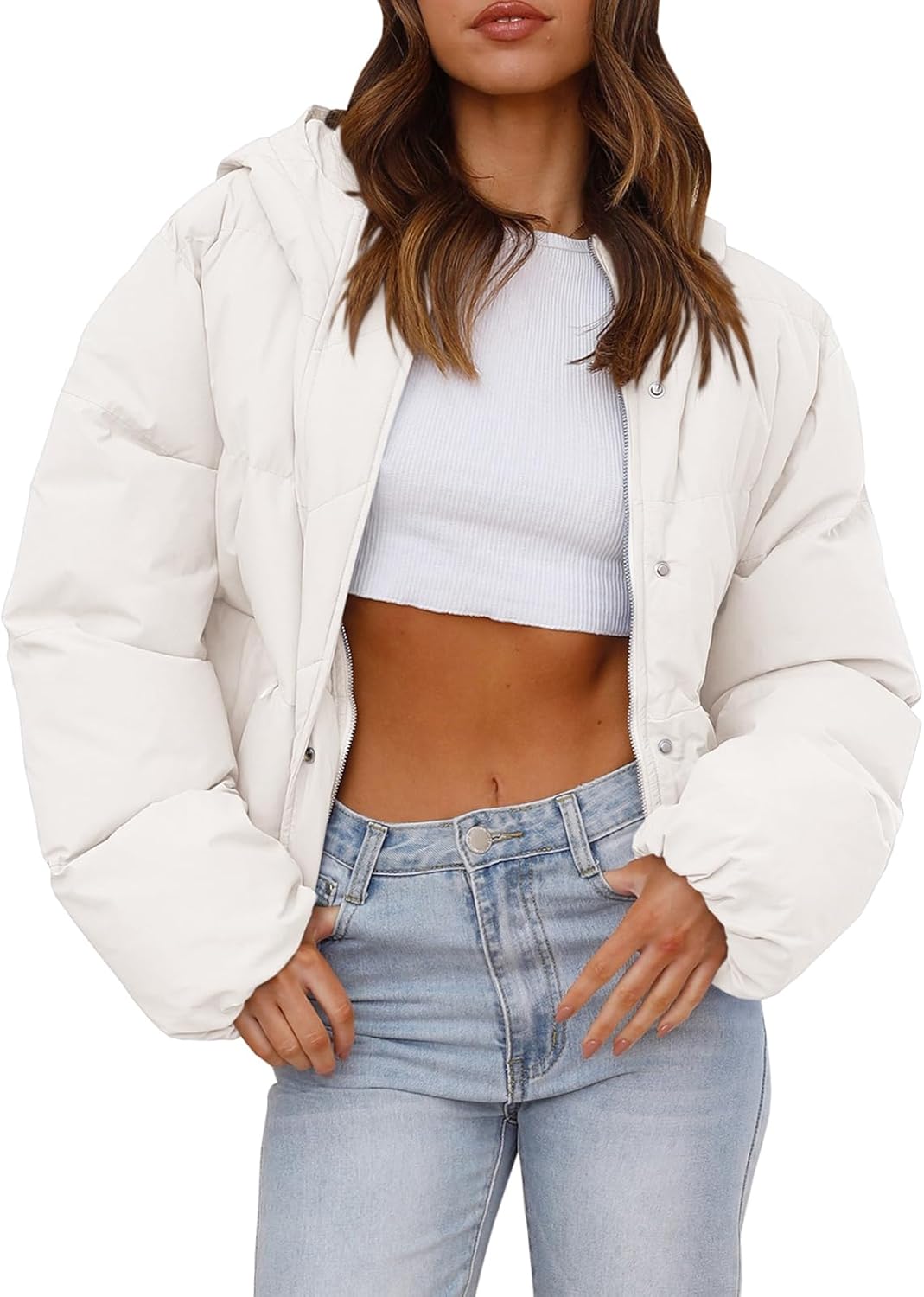 Tankaneo Women's Cropped Baggy Puffer Jacket Casual Winter Hoodie Short Coat with Pockets