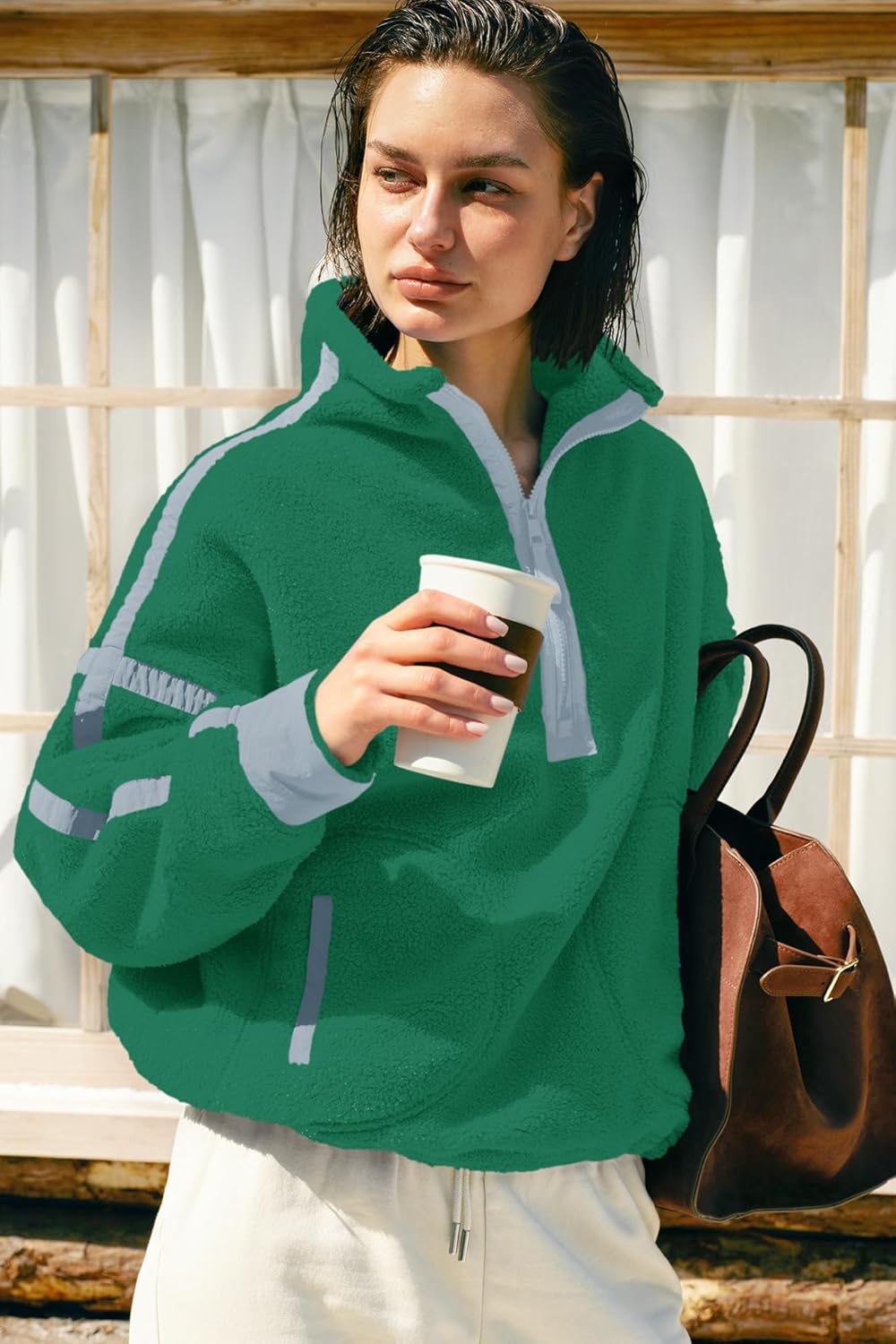 Panadila Women's Oversized Half Zip Sherpa Fleece Pullover Soft Fuzzy Sweatshirt with Pockets