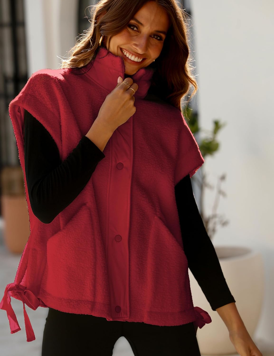 OPCAKM Women's Oversized Fuzzy Fleece Sherpa Vest Button Down Sleeveless Jacket with Pockets