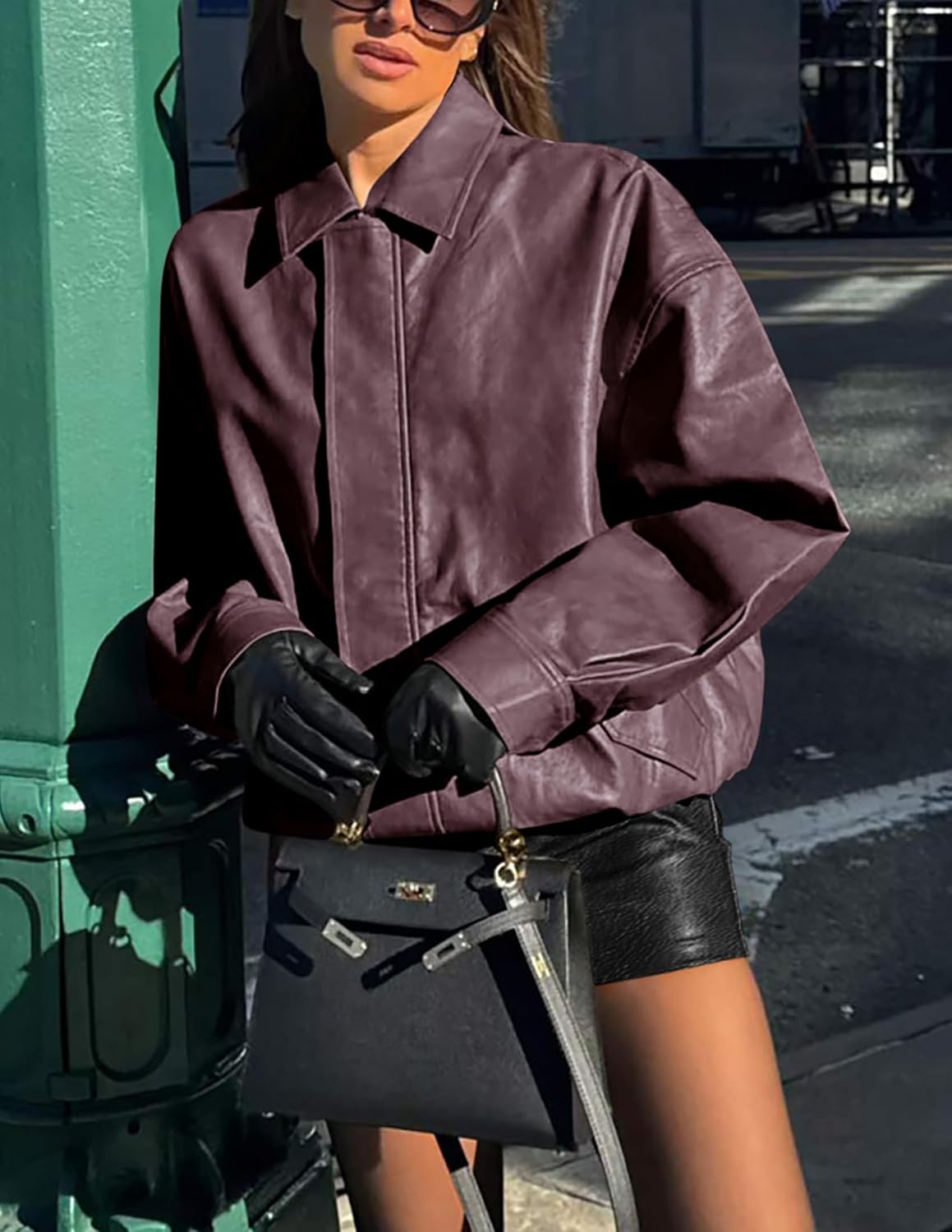 PRETTYGARDEN Women's Oversized Faux Leather Motorcycle Jacket Zip-Up Fall Spring Winter Coat Outerwear