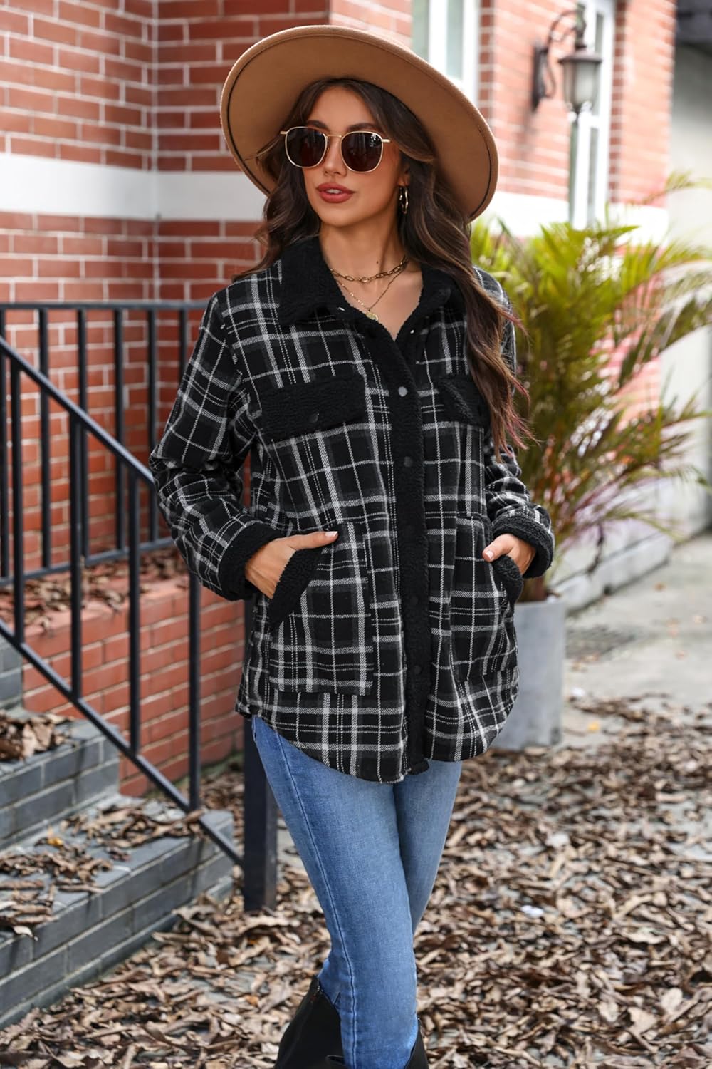 Zeagoo Women's Plaid Flannel Sherpa Lined Shacket Fleece Button Down Cozy Warm Fall Winter Jacket Coat S-XXL