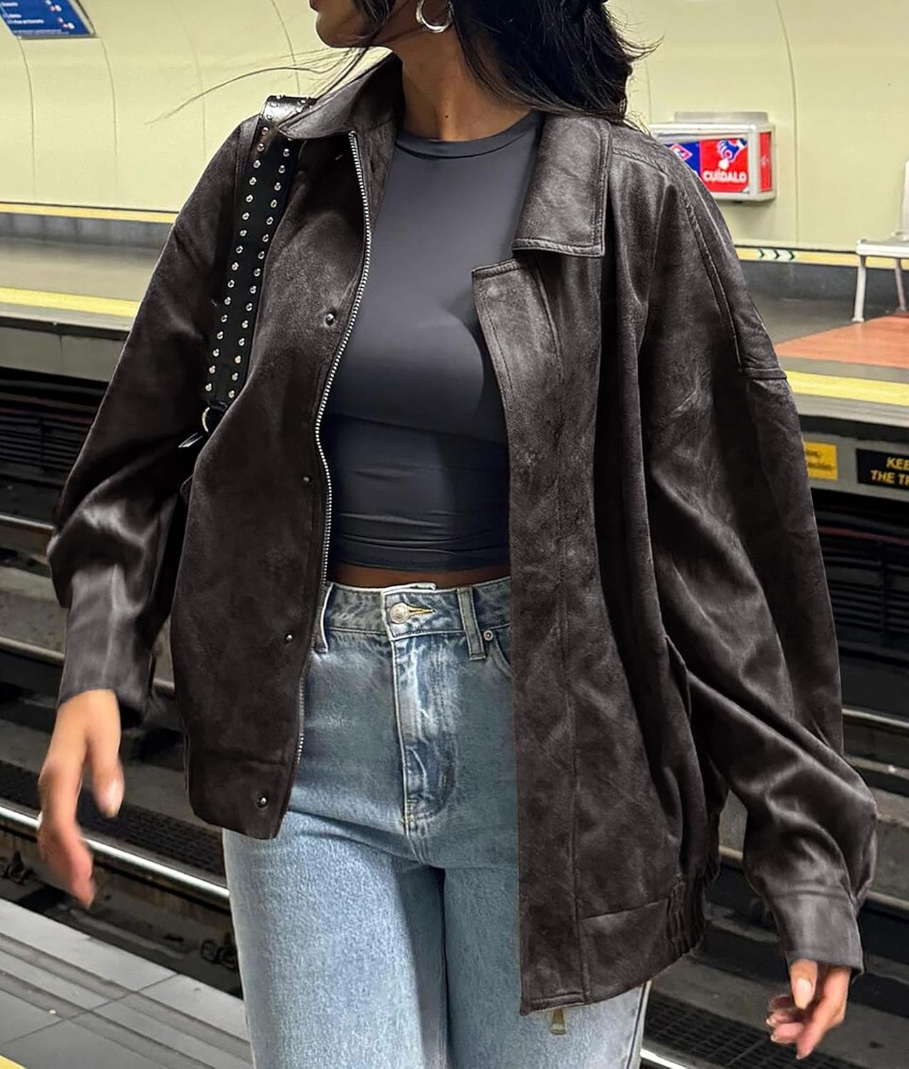 PRETTYGARDEN Women's Oversized Faux Leather Motorcycle Jacket Zip-Up Fall Spring Winter Coat Outerwear