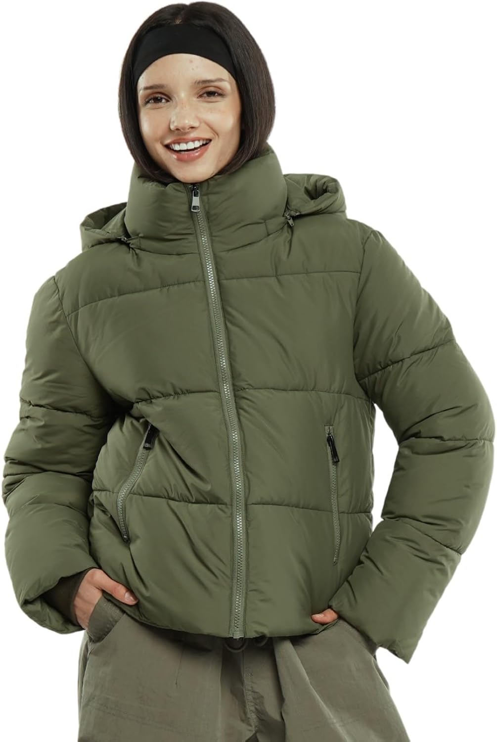 Women's Cropped Quilted Puffer Jacket with Removable Hood and Zippered Pockets Short Winter Coat