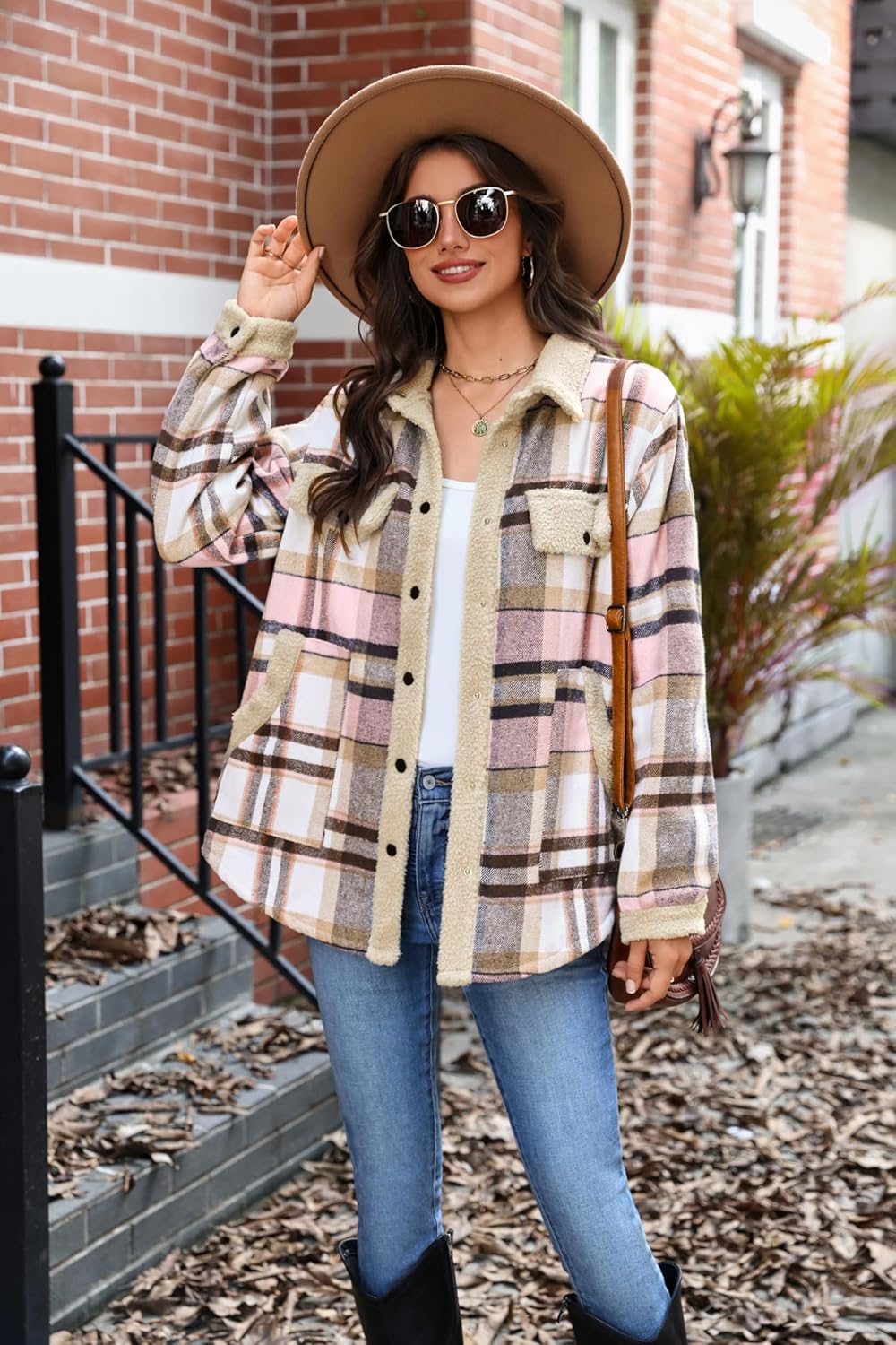 Zeagoo Women's Plaid Flannel Sherpa Lined Shacket Fleece Button Down Cozy Warm Fall Winter Jacket Coat S-XXL