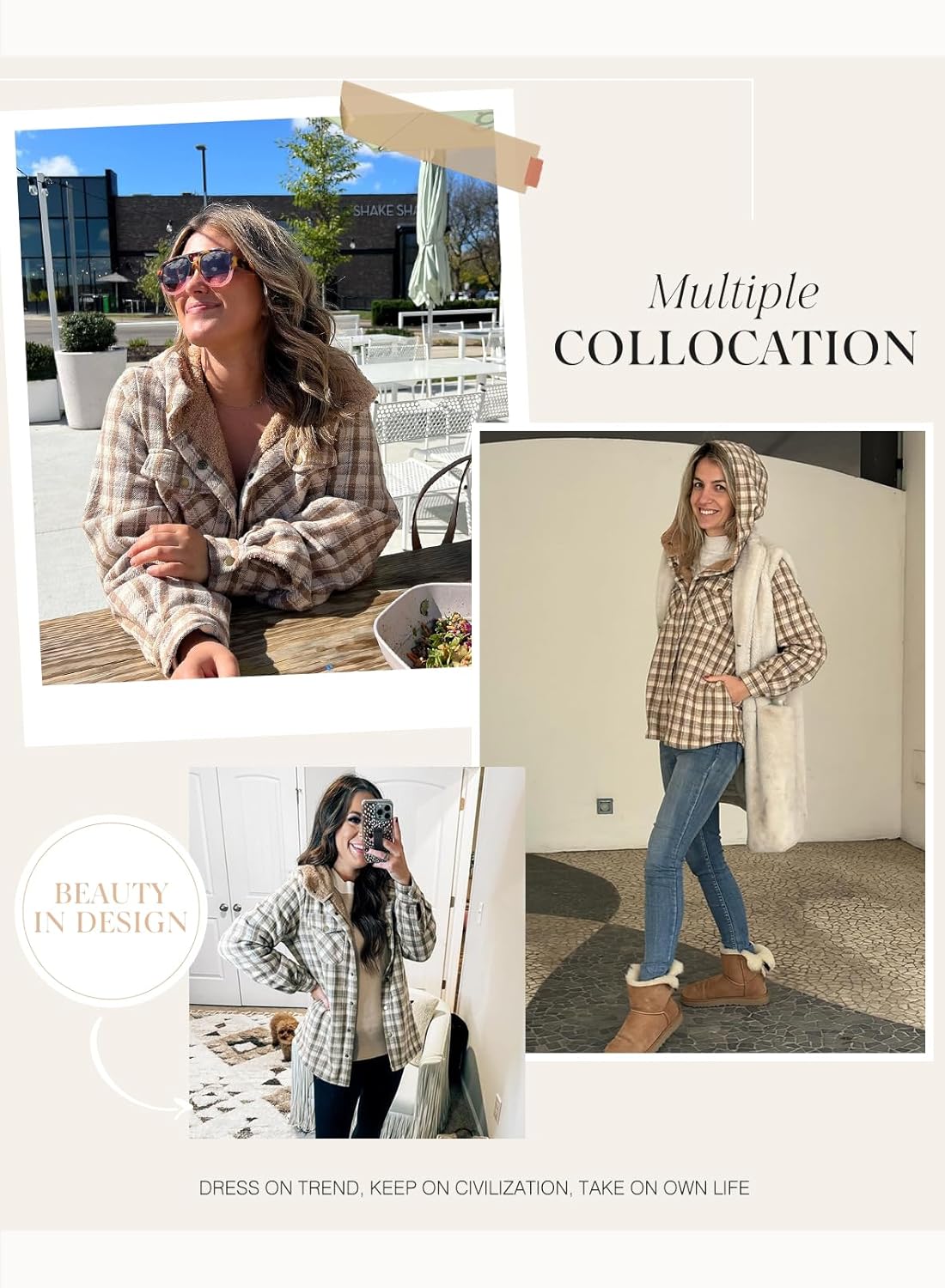 Dokotoo Women's Plaid Fleece Hooded Shacket Long Sleeve Button Down Warm Jacket Coat