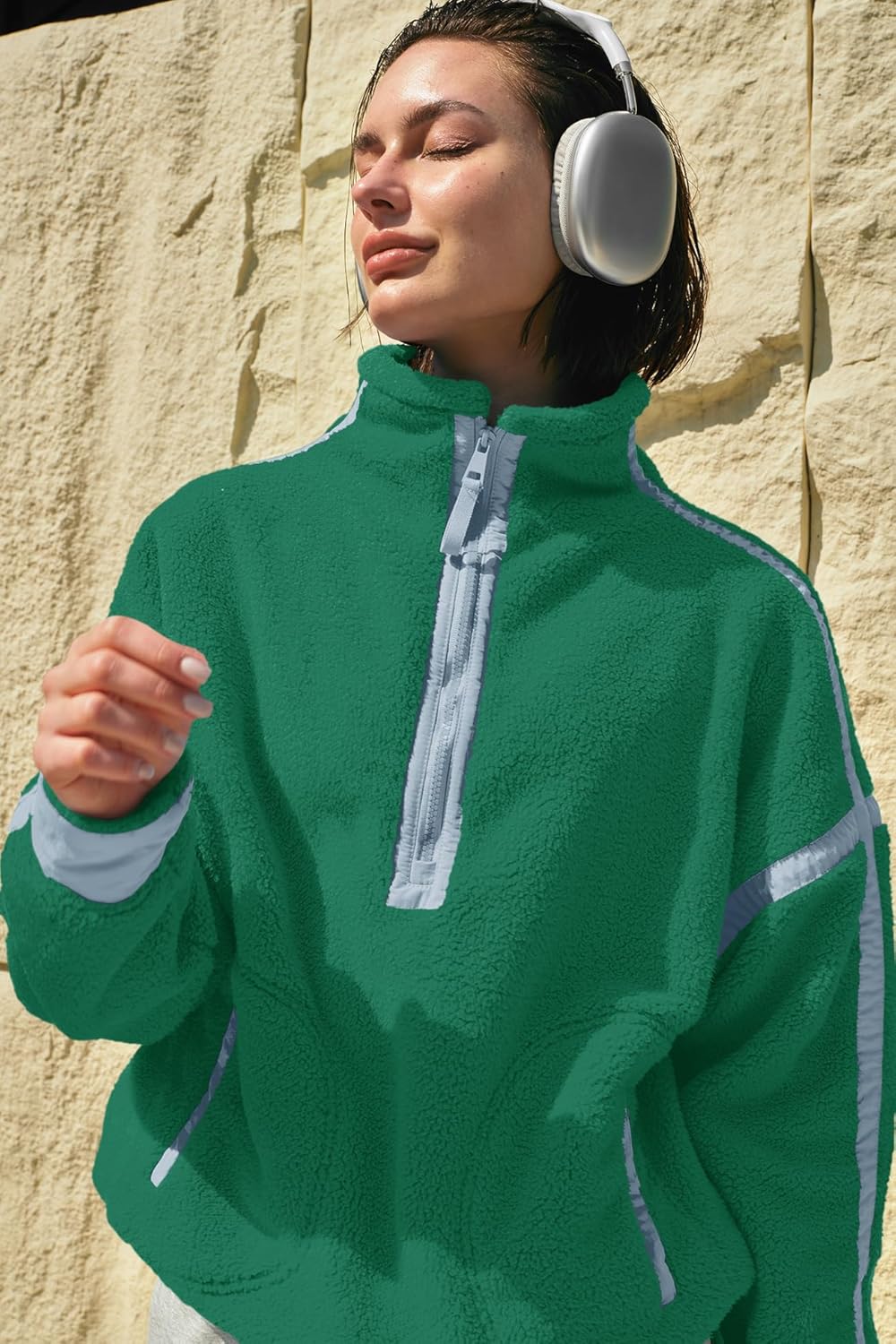 Panadila Women's Oversized Half Zip Sherpa Fleece Pullover Soft Fuzzy Sweatshirt with Pockets