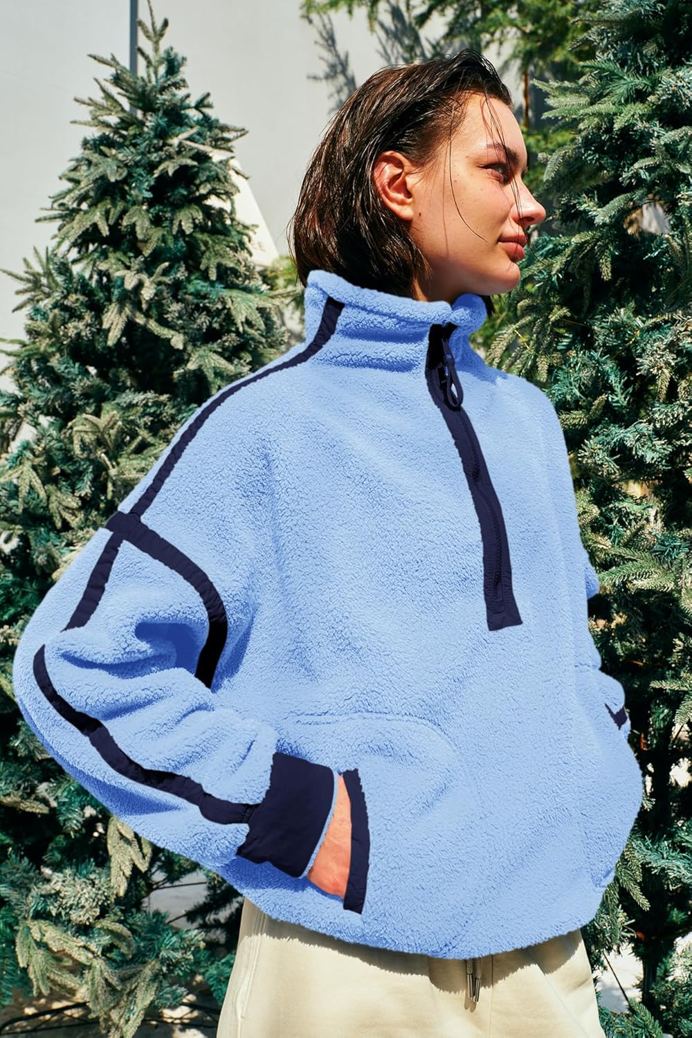 Panadila Women's Oversized Half Zip Sherpa Fleece Pullover Soft Fuzzy Sweatshirt with Pockets