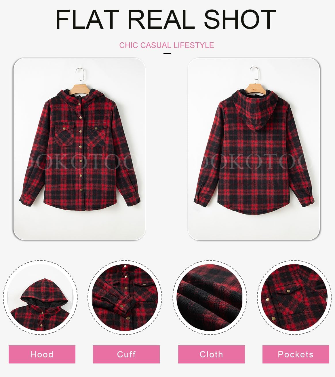 Dokotoo Women's Plaid Fleece Hooded Shacket Long Sleeve Button Down Warm Jacket Coat