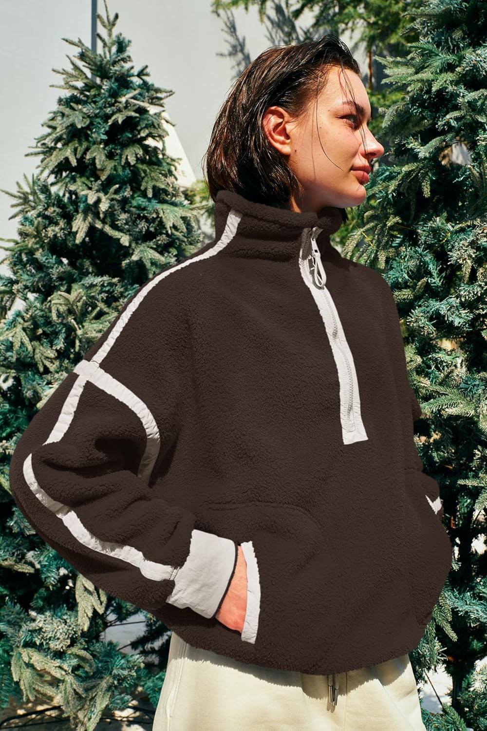 Panadila Women's Oversized Half Zip Sherpa Fleece Pullover Soft Fuzzy Sweatshirt with Pockets