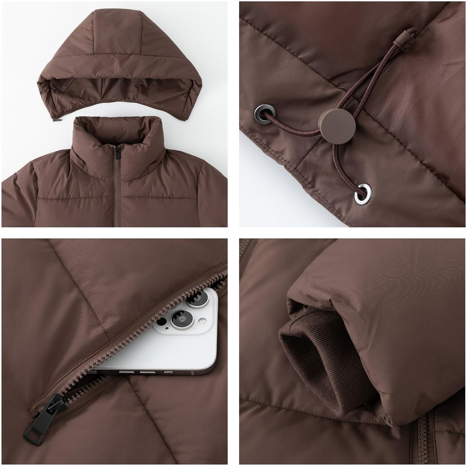 Women's Cropped Quilted Puffer Jacket with Removable Hood and Zippered Pockets Short Winter Coat