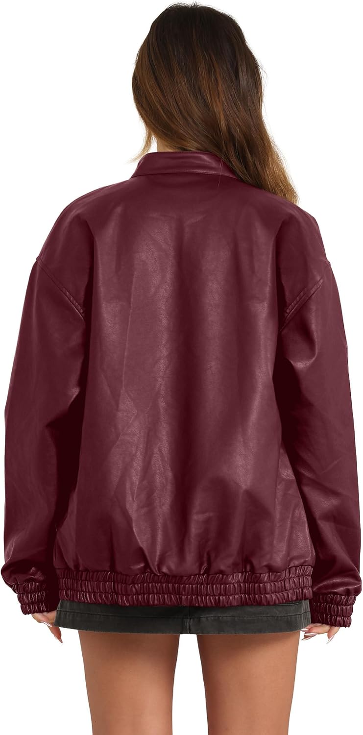 Sampeel Women's Faux Leather Oversized Motorcycle Jacket 2025 Fall Fashion Bomber Coat Winter Outfit