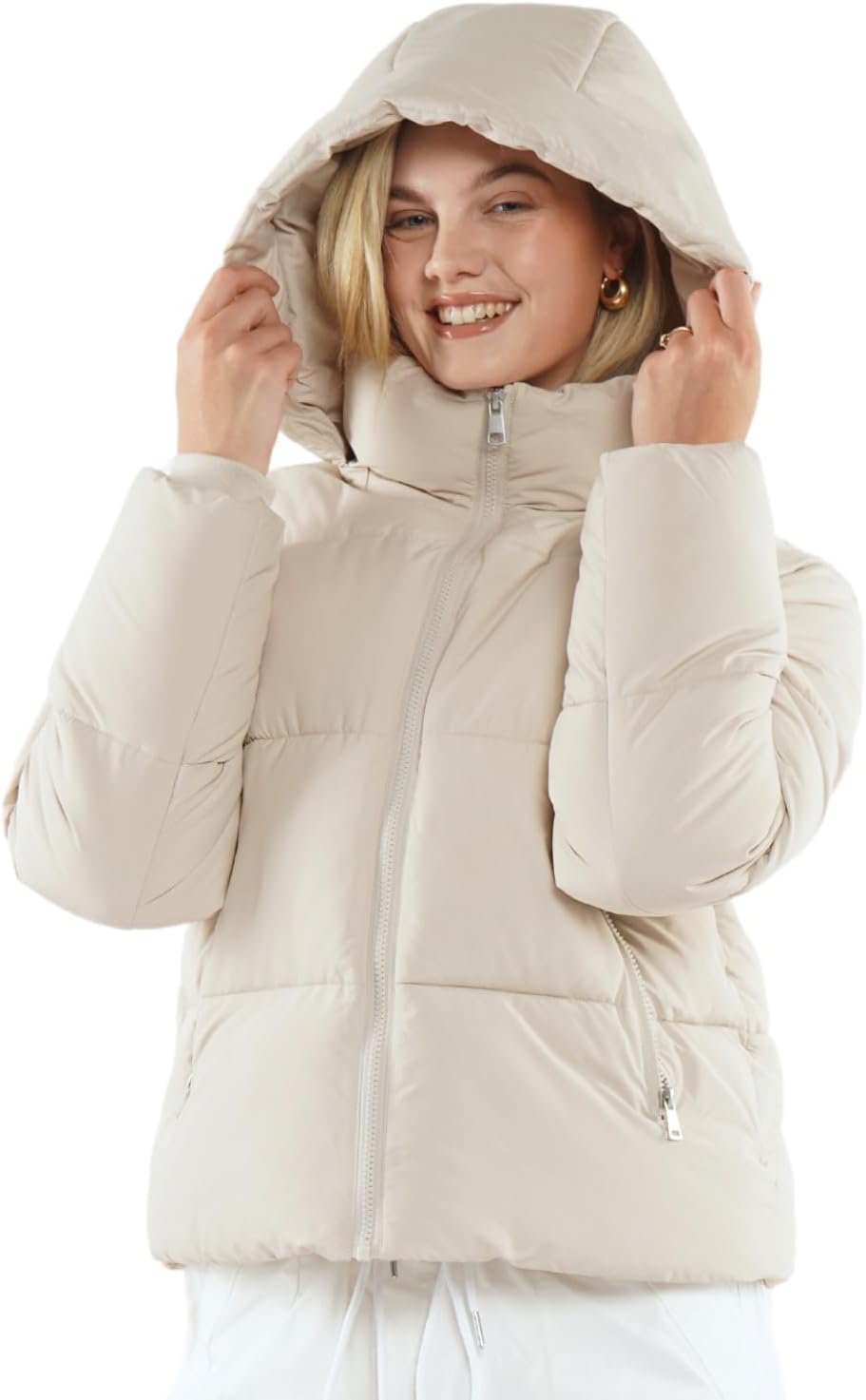 Women's Cropped Quilted Puffer Jacket with Removable Hood and Zippered Pockets Short Winter Coat