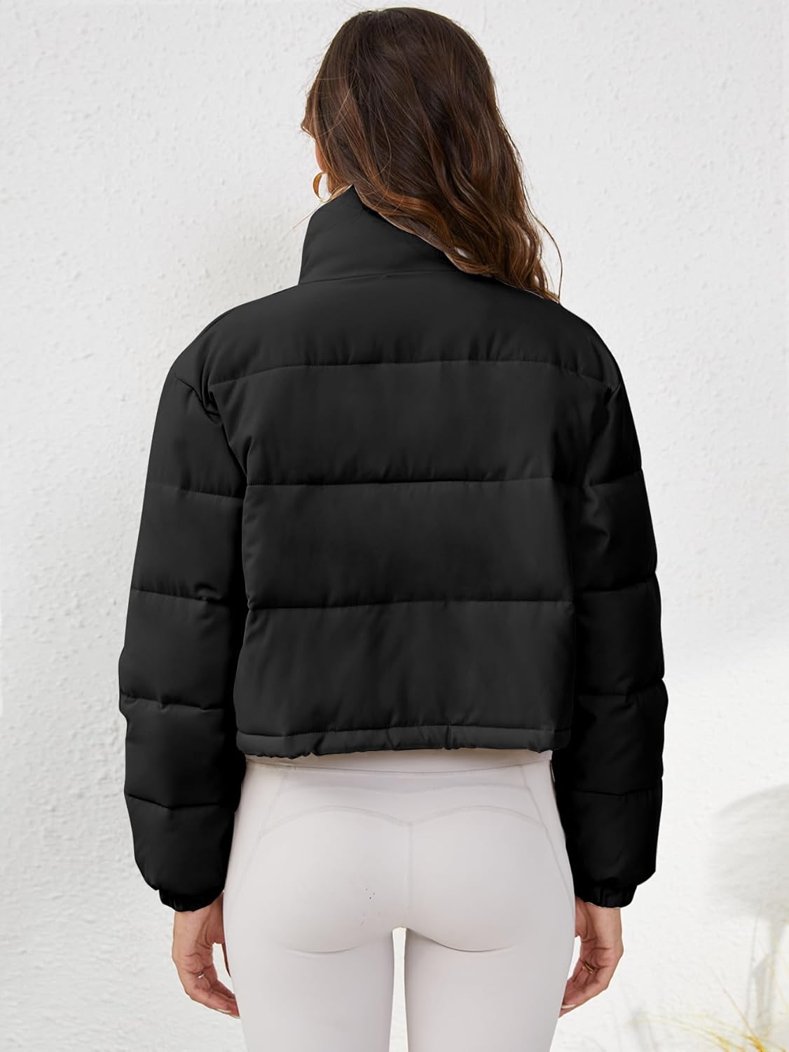 Women's Cropped Quilted Puffer Jacket Long Sleeve Stand Collar Zip-Up Puffy Coat with Drawstring & Pockets