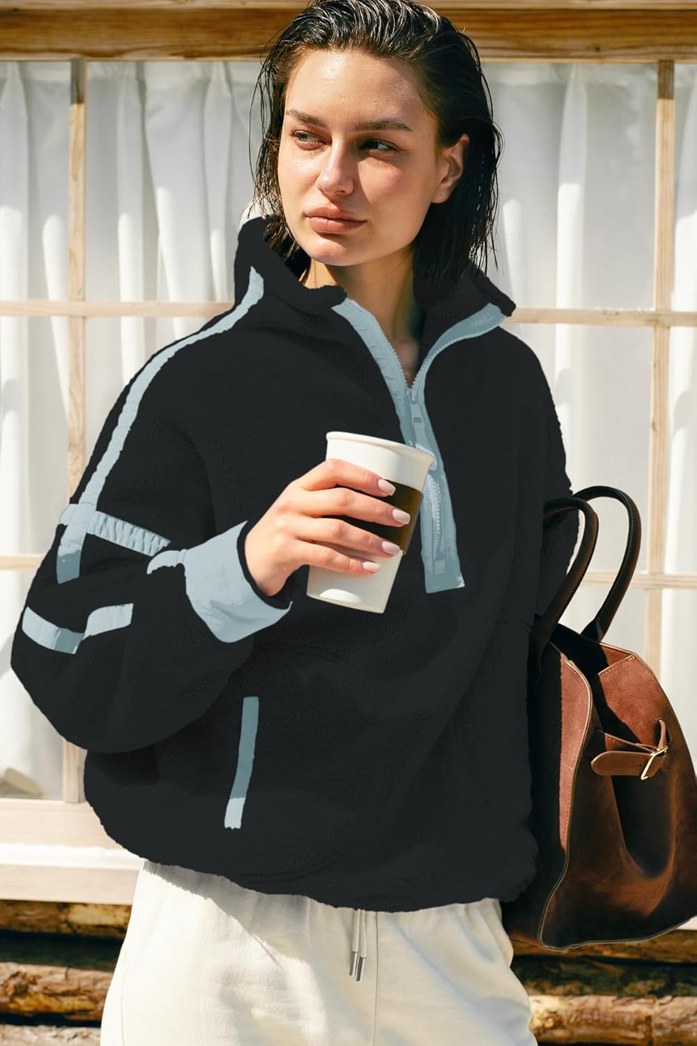 Panadila Women's Oversized Half Zip Sherpa Fleece Pullover Soft Fuzzy Sweatshirt with Pockets