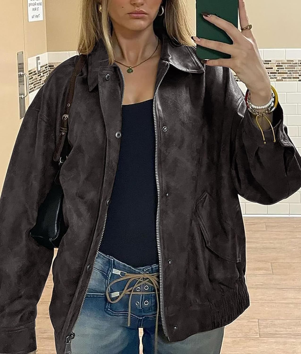 PRETTYGARDEN Women's Oversized Faux Leather Motorcycle Jacket Zip-Up Fall Spring Winter Coat Outerwear