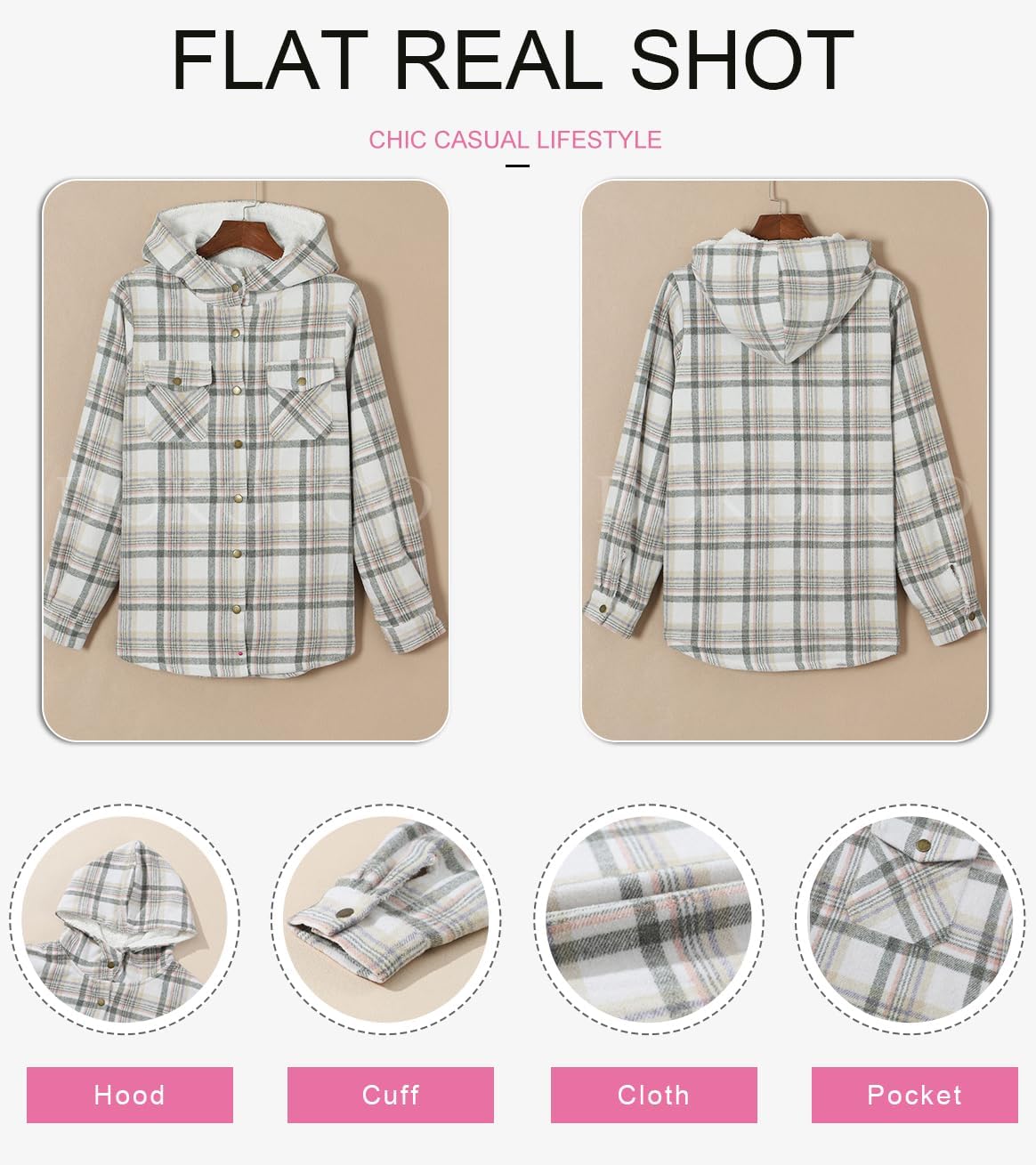 Dokotoo Women's Plaid Fleece Hooded Shacket Long Sleeve Button Down Warm Jacket Coat