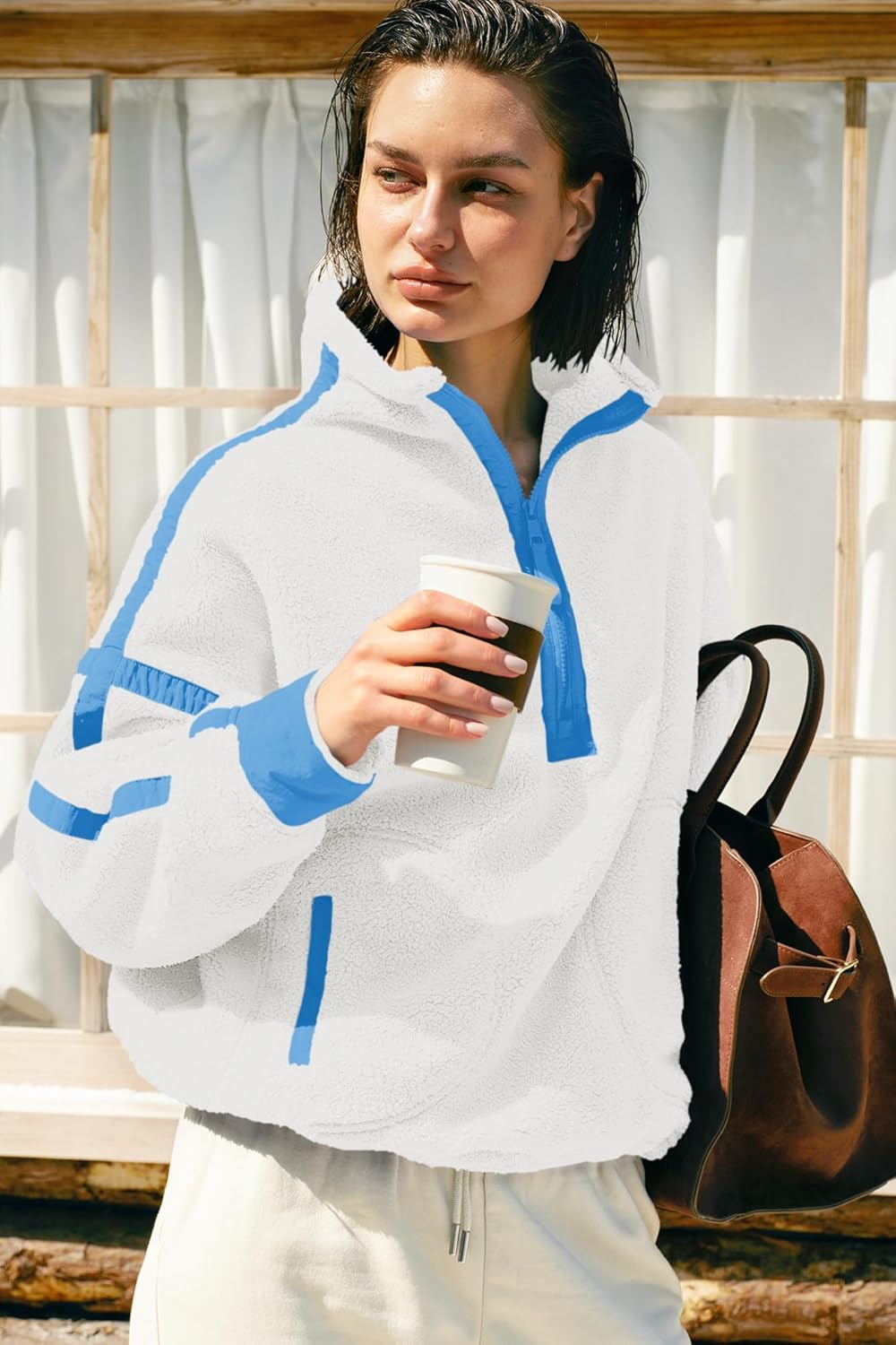 Panadila Women's Oversized Half Zip Sherpa Fleece Pullover Soft Fuzzy Sweatshirt with Pockets