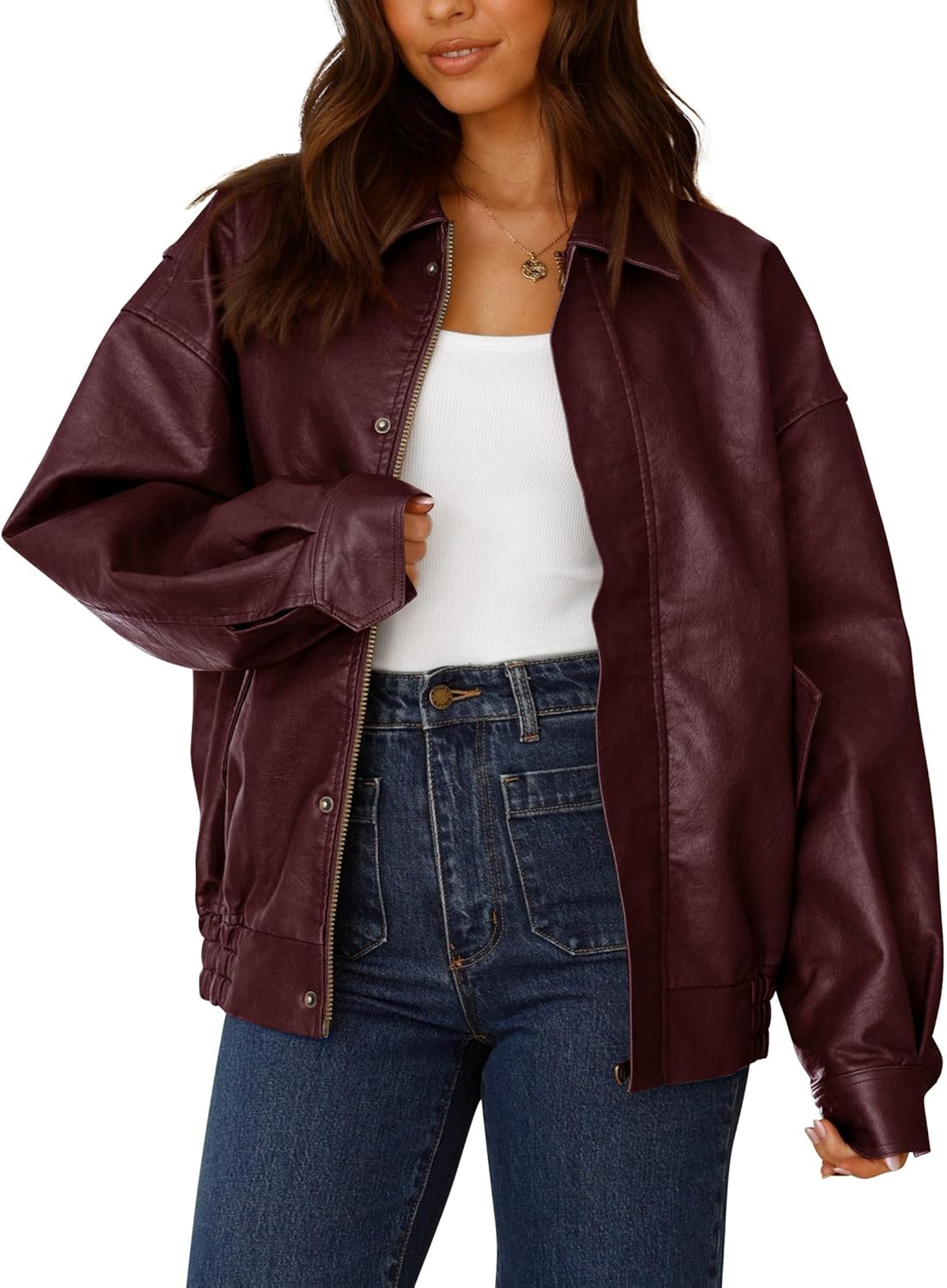 PRETTYGARDEN Women's Oversized Faux Leather Motorcycle Jacket Zip-Up Fall Spring Winter Coat Outerwear