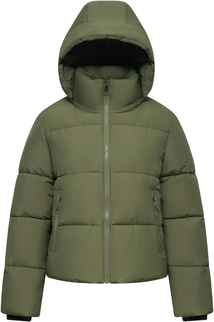Women's Cropped Quilted Puffer Jacket with Removable Hood and Zippered Pockets Short Winter Coat