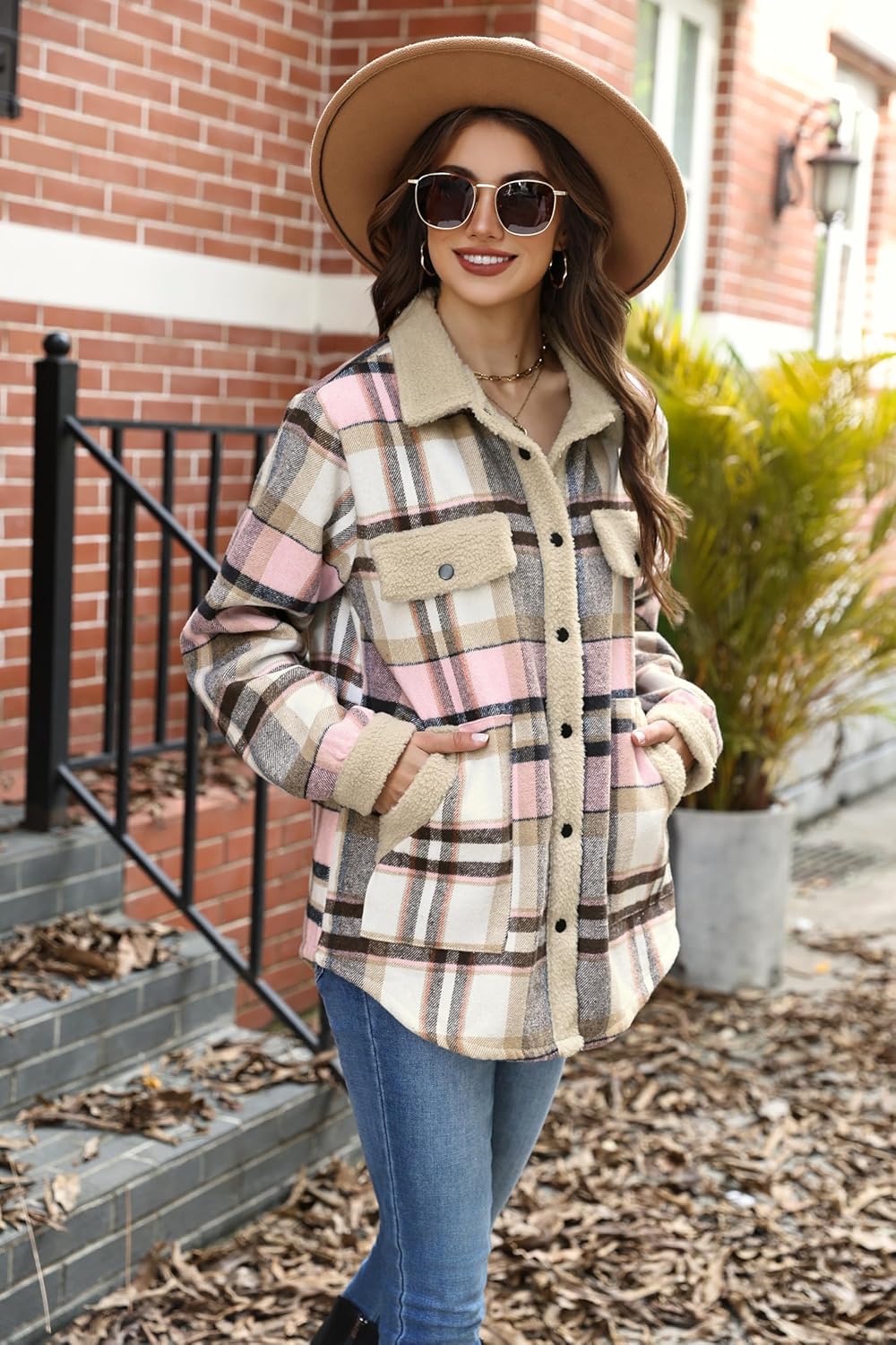 Zeagoo Women's Plaid Flannel Sherpa Lined Shacket Fleece Button Down Cozy Warm Fall Winter Jacket Coat S-XXL