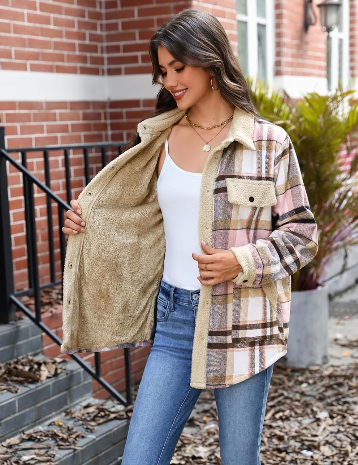 Zeagoo Women's Plaid Flannel Sherpa Lined Shacket Fleece Button Down Cozy Warm Fall Winter Jacket Coat S-XXL