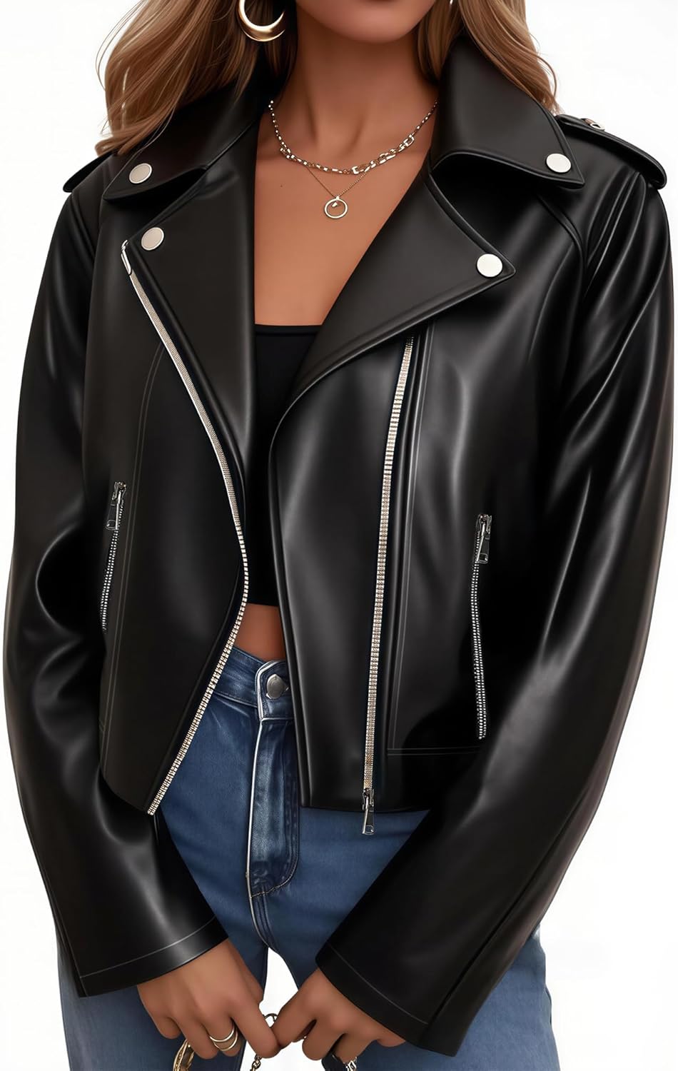 Women’s Faux Leather Cropped Jacket Short Zip-Up Coat for Casual, Rock Concert, Game Day, Edgy Vintage, College, or Gothic Outfit