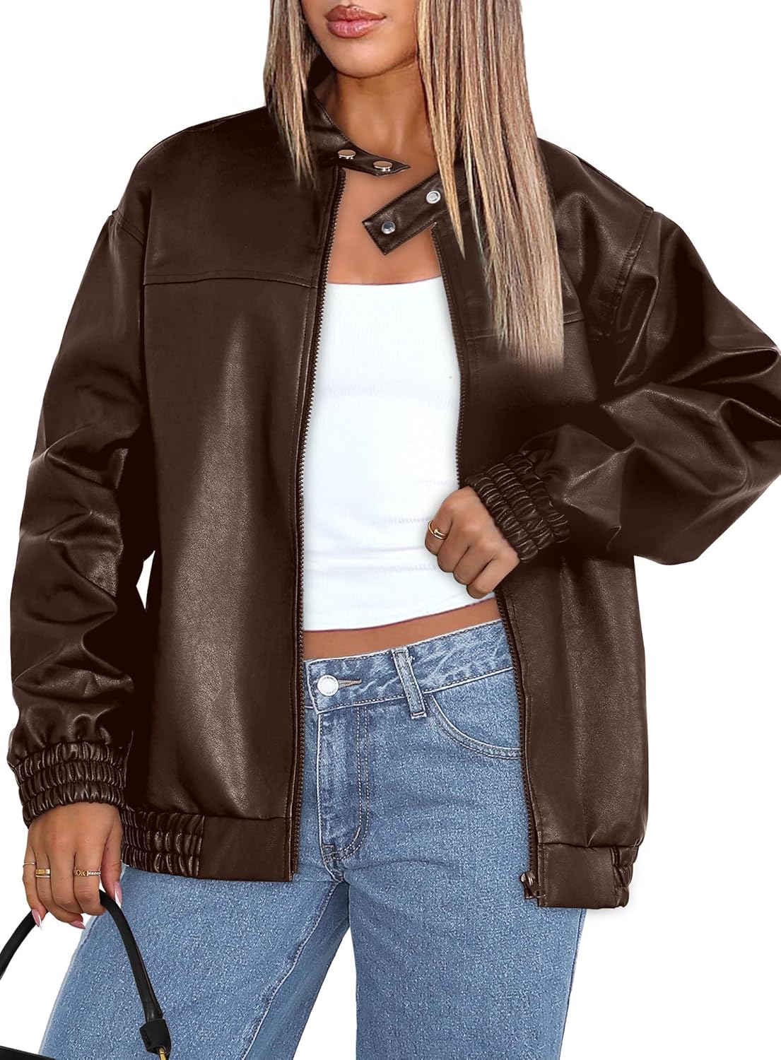Sampeel Women's Faux Leather Oversized Motorcycle Jacket 2025 Fall Fashion Bomber Coat Winter Outfit