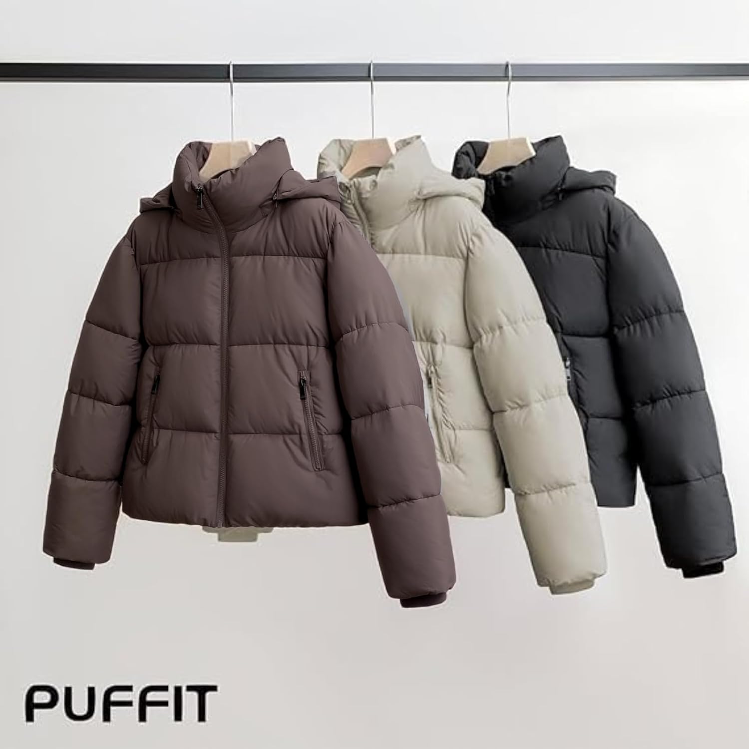Women's Cropped Quilted Puffer Jacket with Removable Hood and Zippered Pockets Short Winter Coat
