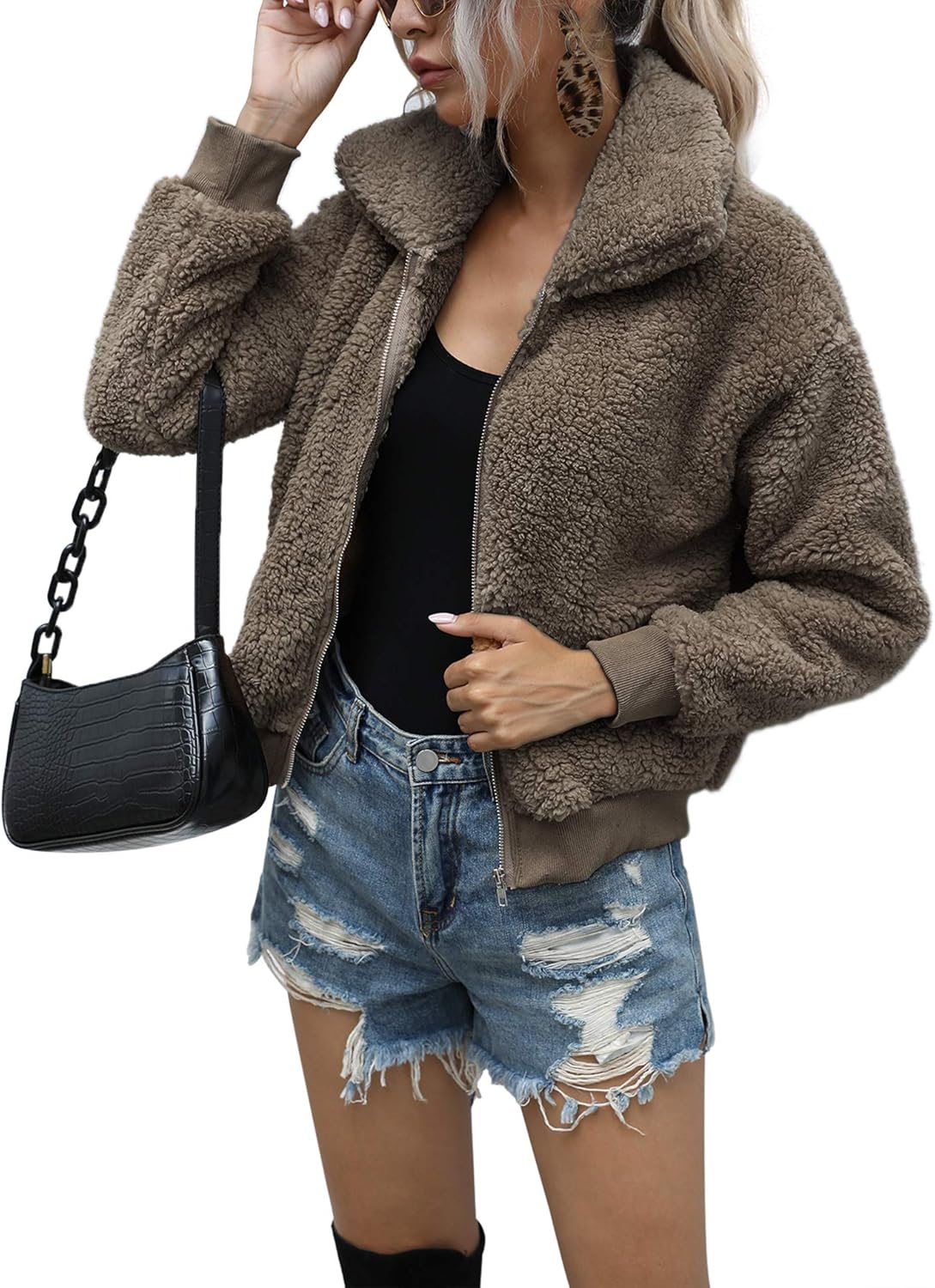 AKEWEI Women's Short Faux Fur Zip-Up Jacket Warm Shaggy Fluffy Winter Coat with Pockets