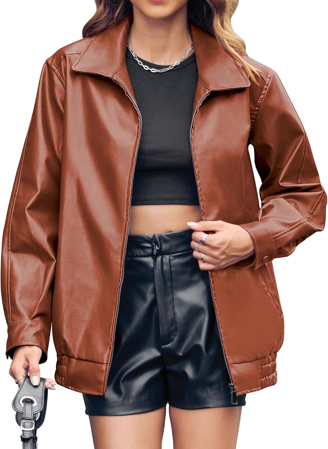 Miladusa Women's Oversized Faux Leather Zip-Up Bomber Motorcycle Jacket with Pockets