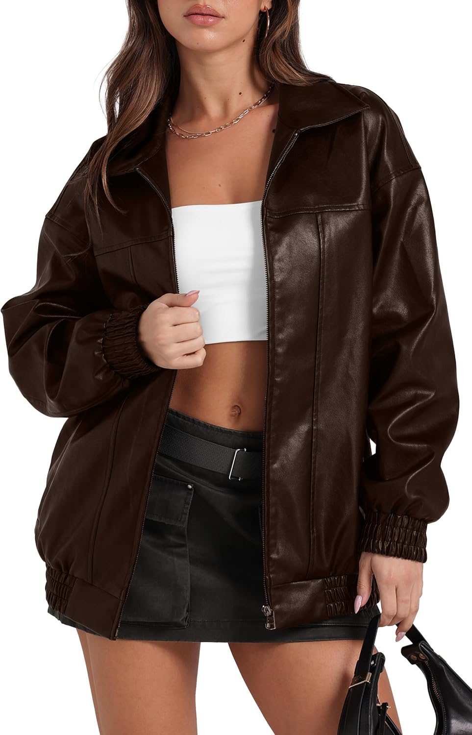 Sampeel Women's Faux Leather Oversized Motorcycle Jacket 2025 Fall Fashion Bomber Coat Winter Outfit