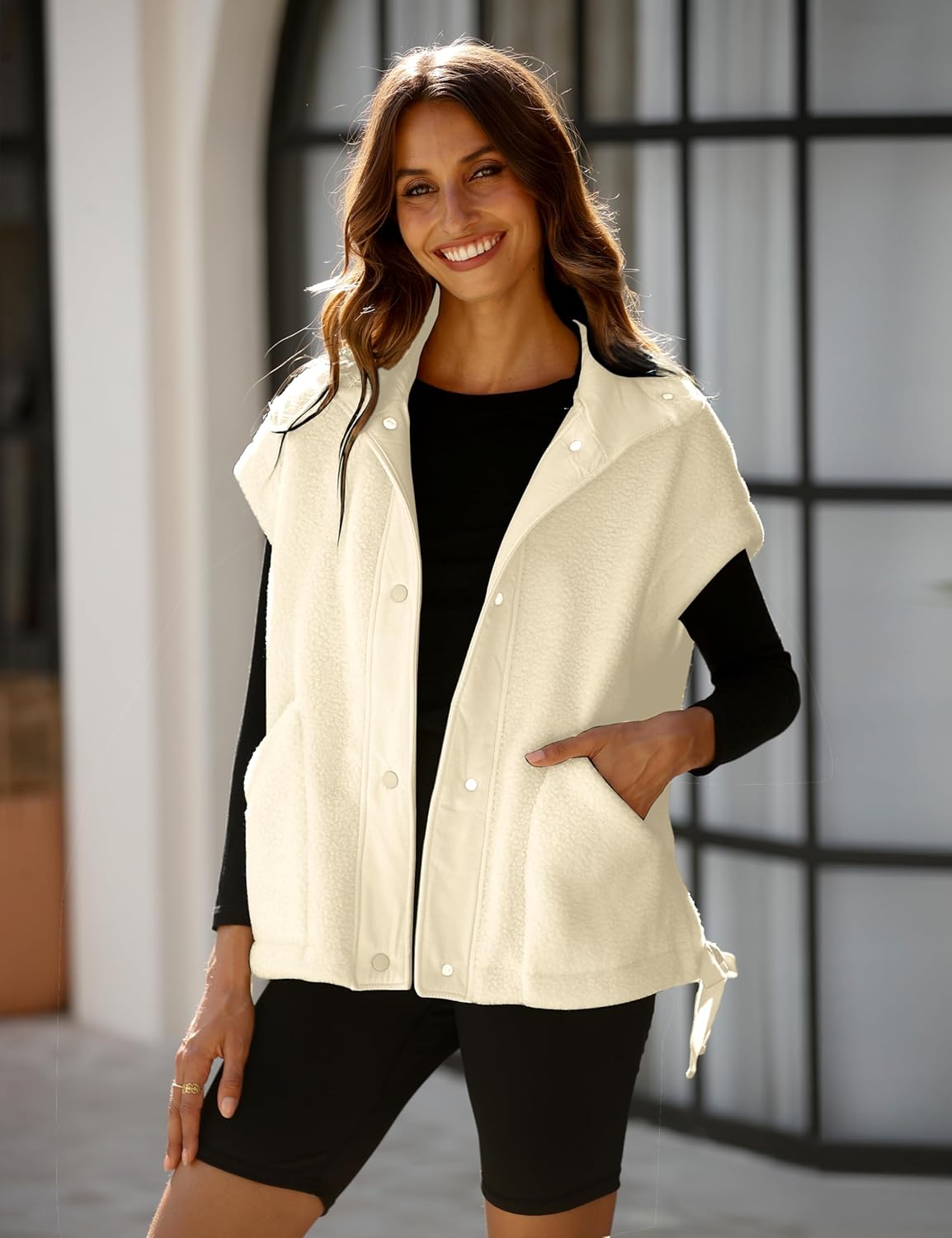 OPCAKM Women's Oversized Fuzzy Fleece Sherpa Vest Button Down Sleeveless Jacket with Pockets