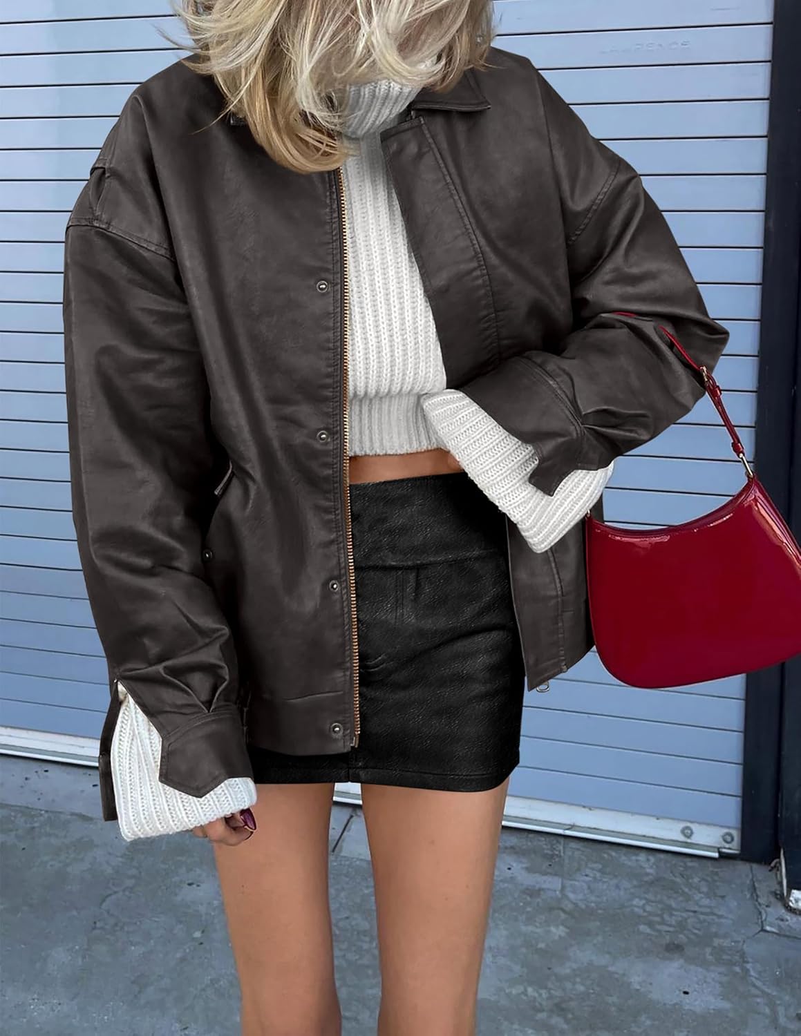 PRETTYGARDEN Women's Oversized Faux Leather Motorcycle Jacket Zip-Up Fall Spring Winter Coat Outerwear