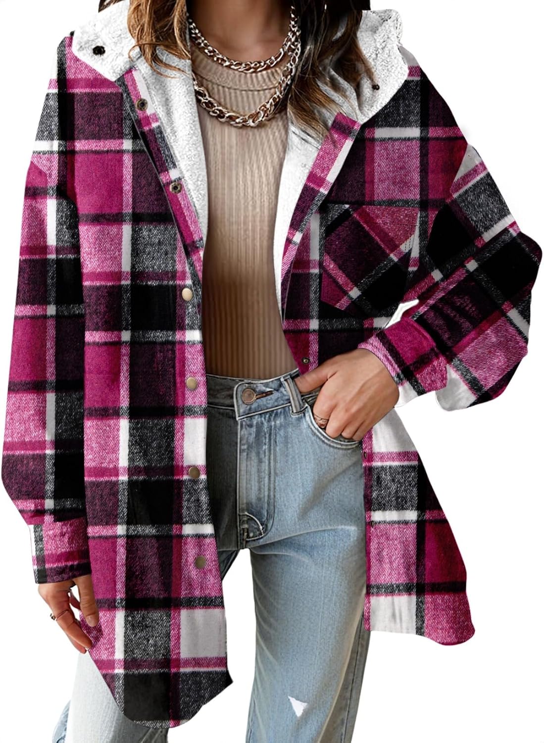 Dokotoo Women's 2025 Flannel Plaid Hooded Shacket Thick Fleece Button Down Winter Jacket Coat for Warmth