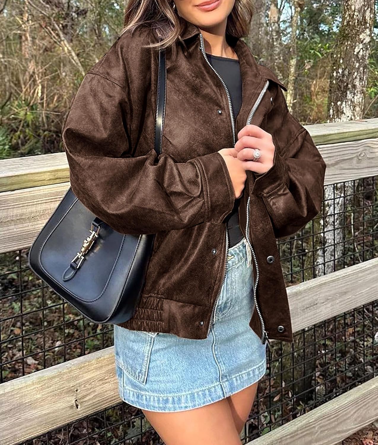 PRETTYGARDEN Women's Oversized Faux Leather Motorcycle Jacket Zip-Up Fall Spring Winter Coat Outerwear