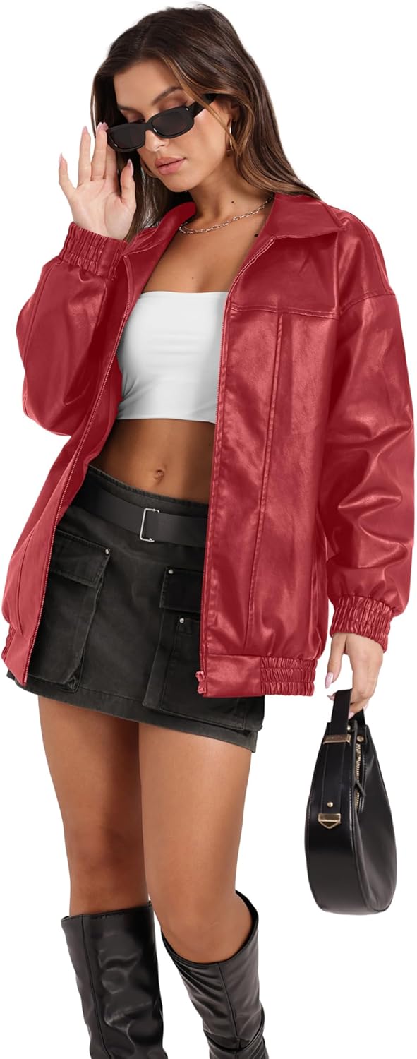 Sampeel Women's Faux Leather Oversized Motorcycle Jacket 2025 Fall Fashion Bomber Coat Winter Outfit