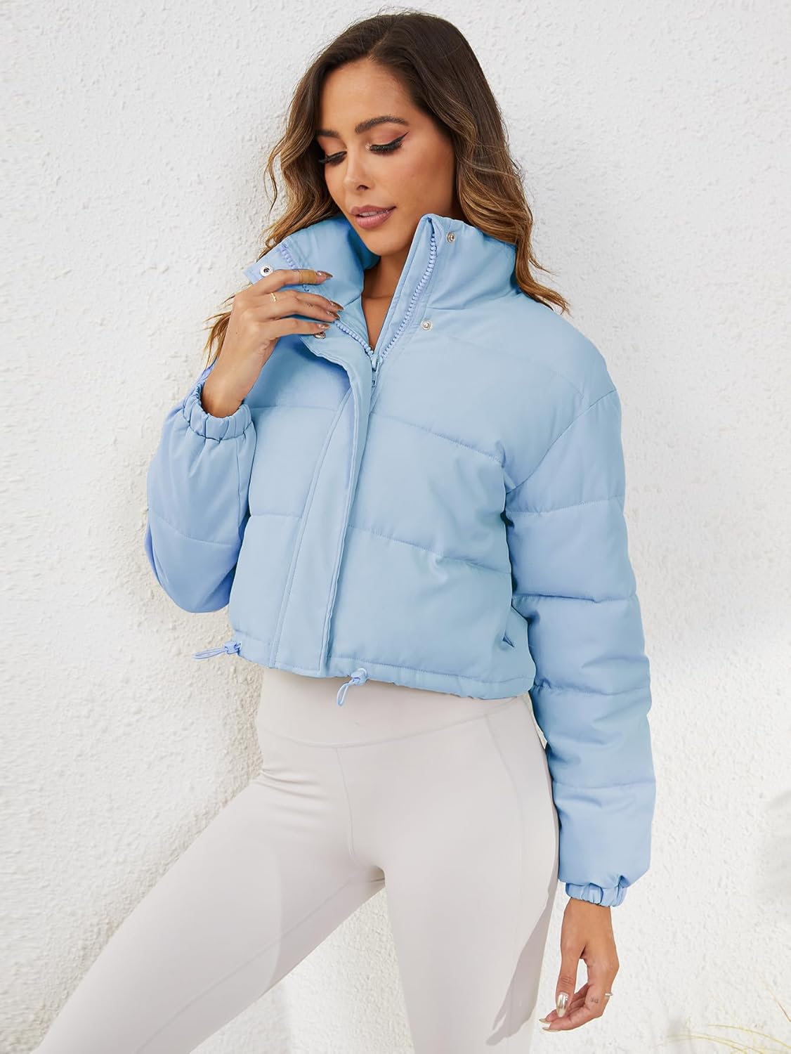 Women's Cropped Quilted Puffer Jacket Long Sleeve Stand Collar Zip-Up Puffy Coat with Drawstring & Pockets