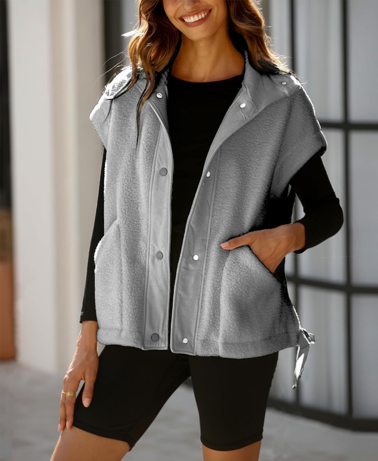 OPCAKM Women's Oversized Fuzzy Fleece Sherpa Vest Button Down Sleeveless Jacket with Pockets