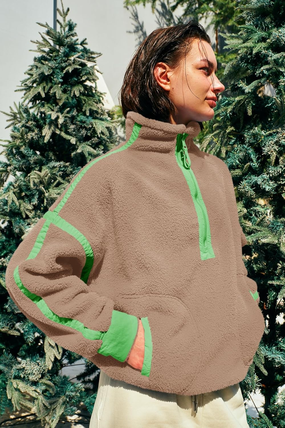 Panadila Women's Oversized Half Zip Sherpa Fleece Pullover Soft Fuzzy Sweatshirt with Pockets