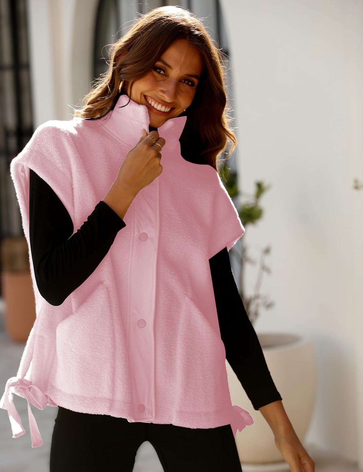 OPCAKM Women's Oversized Fuzzy Fleece Sherpa Vest Button Down Sleeveless Jacket with Pockets