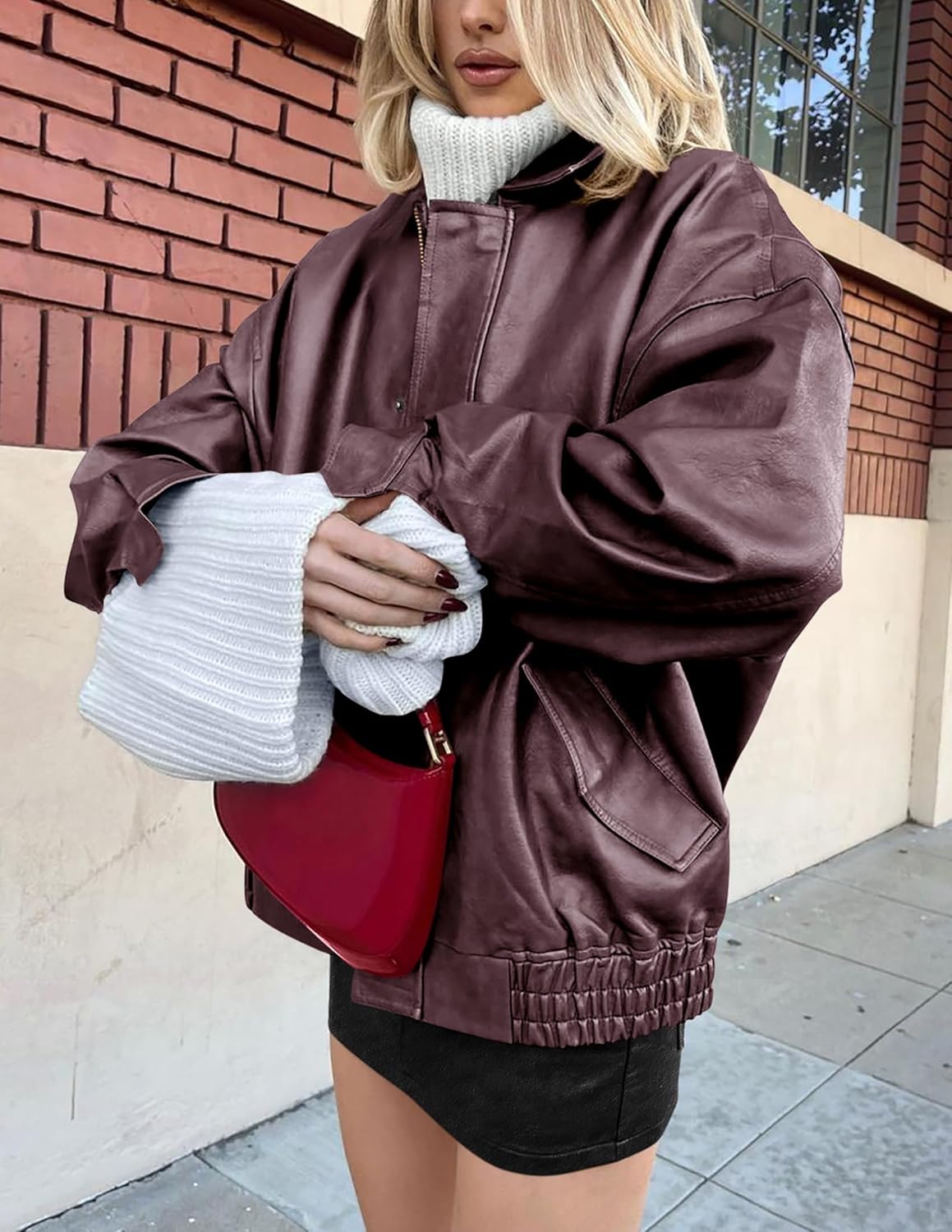 PRETTYGARDEN Women's Oversized Faux Leather Motorcycle Jacket Zip-Up Fall Spring Winter Coat Outerwear